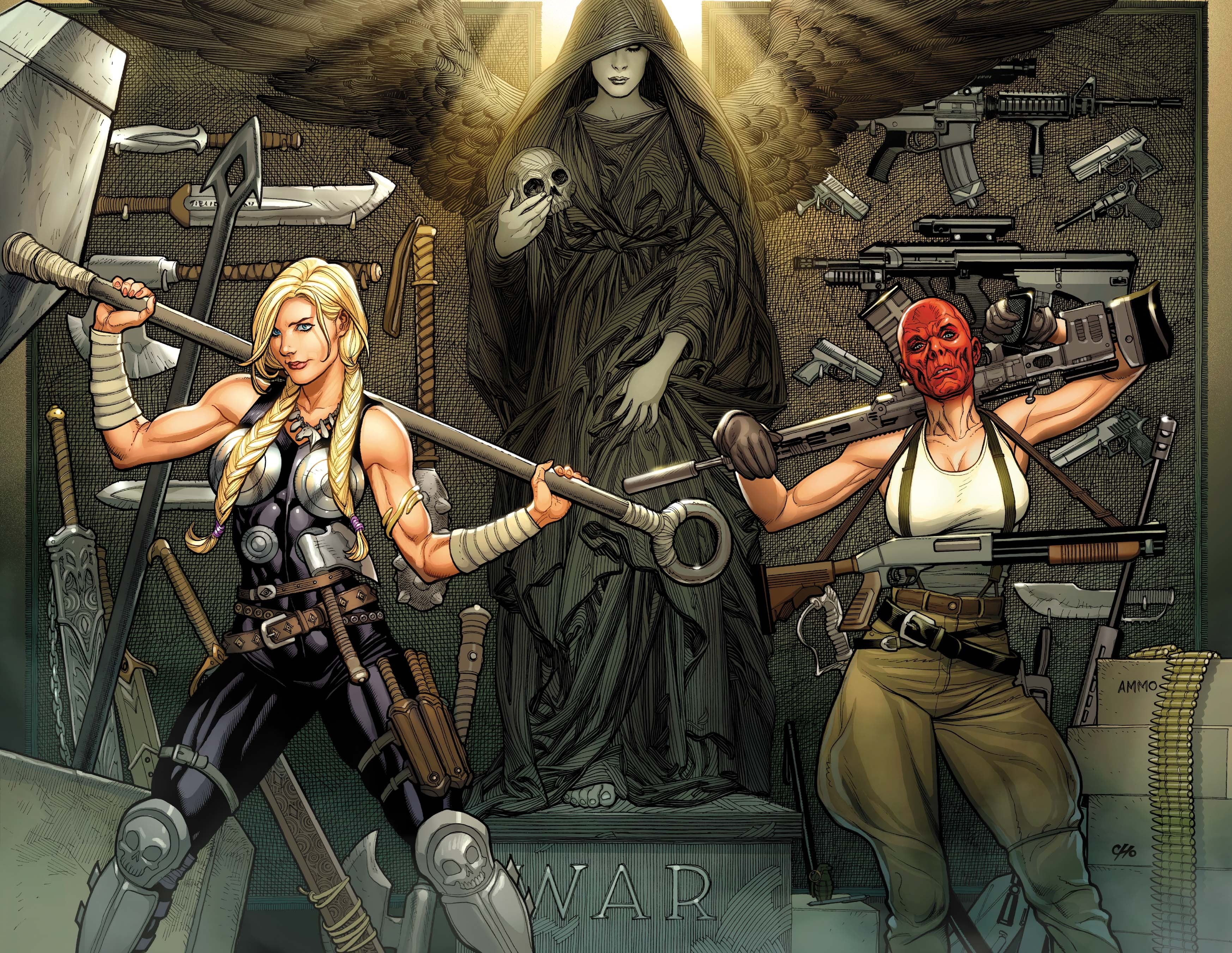 people, Frank Cho, occupation, two people, mid adult, gun, black, angel, women, males, aggression, comics, 2K, two, men, adult, artist, musician, fighter, HD Wallpaper