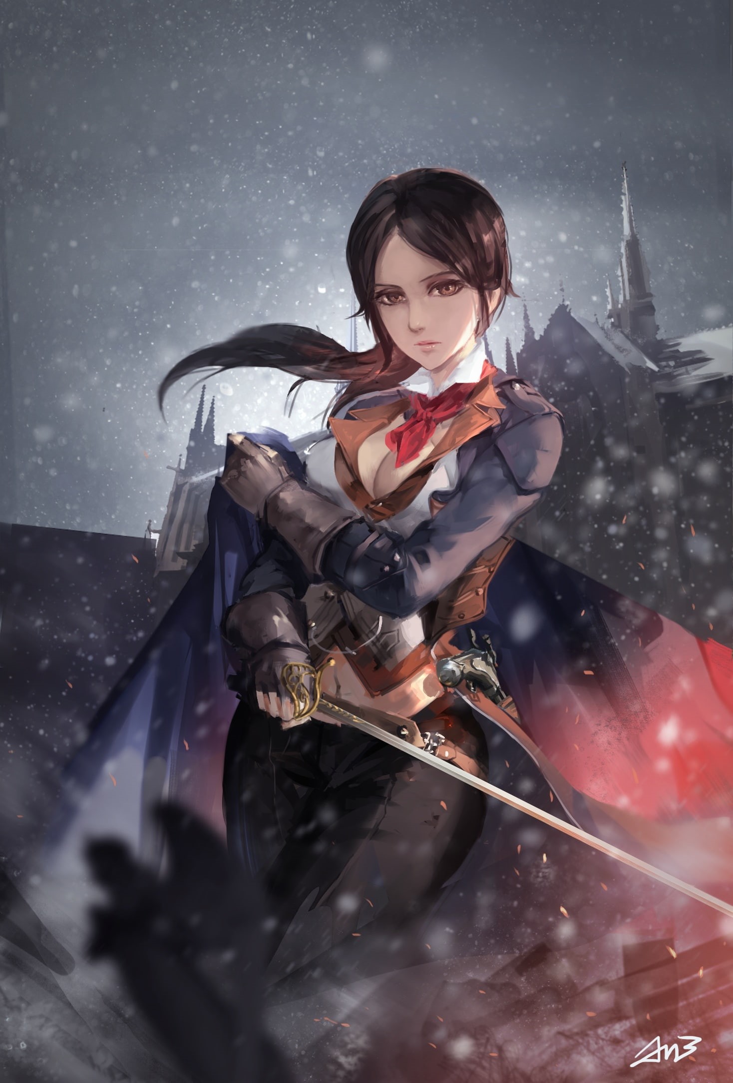 young adult, artwork, leisure activity, women, cleavage, winter, clothing, beautiful woman, sport, storm, portrait display, Assassins Creed, digital art, Phone HD Wallpaper