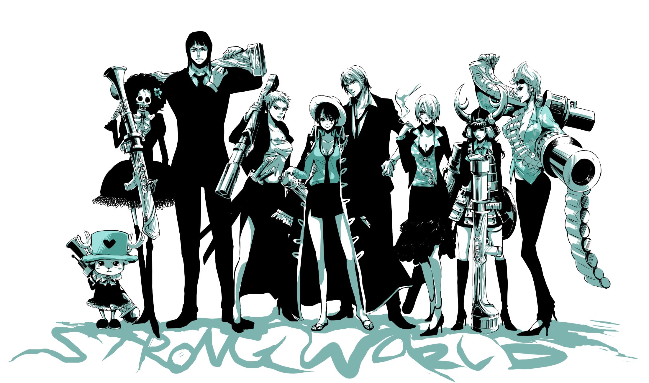 franky, monkey, usopp, piece, monochrome, tony, nico, robin, weapon, chopper, roronoa, genderswap, sanji, nami, 1080P, group, luffy, zoro, mogmahiru, brook, HD Wallpaper