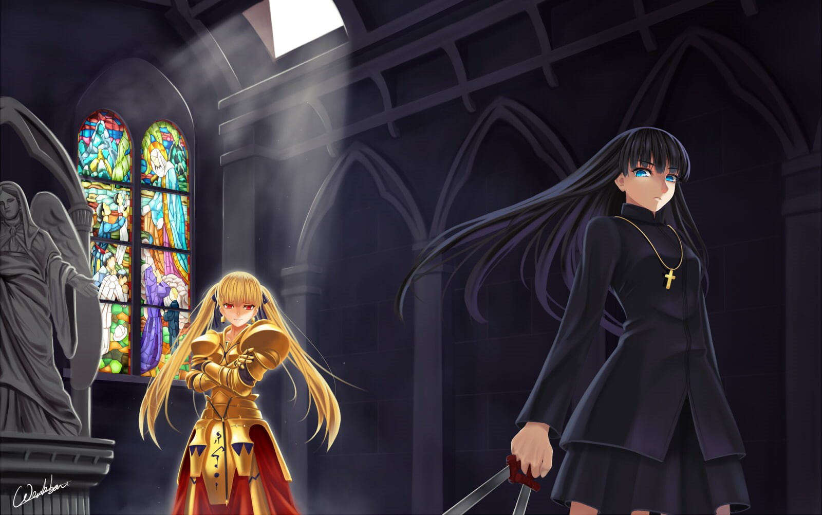 720P, signed, armor, hair, stay, kirei, blonde, kotomine, gilgamesh, night, werkbau, fate, black, genderswap, HD Wallpaper