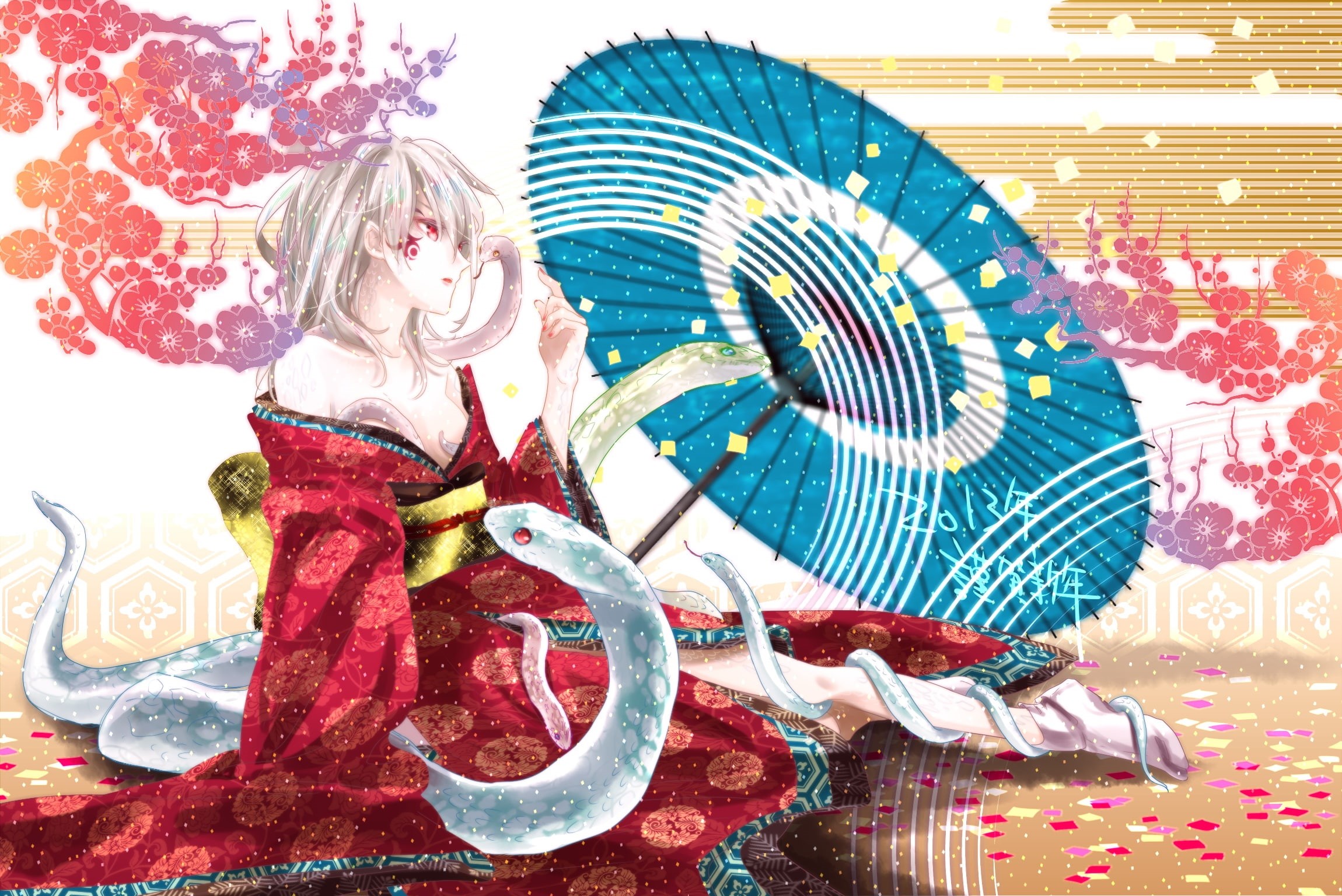 zerozaki, series, umbrella, zaregoto, clothes, japanese, eyes, 1080P, hitoshiki, red, kimono, hii101, animal, genderswap, HD Wallpaper