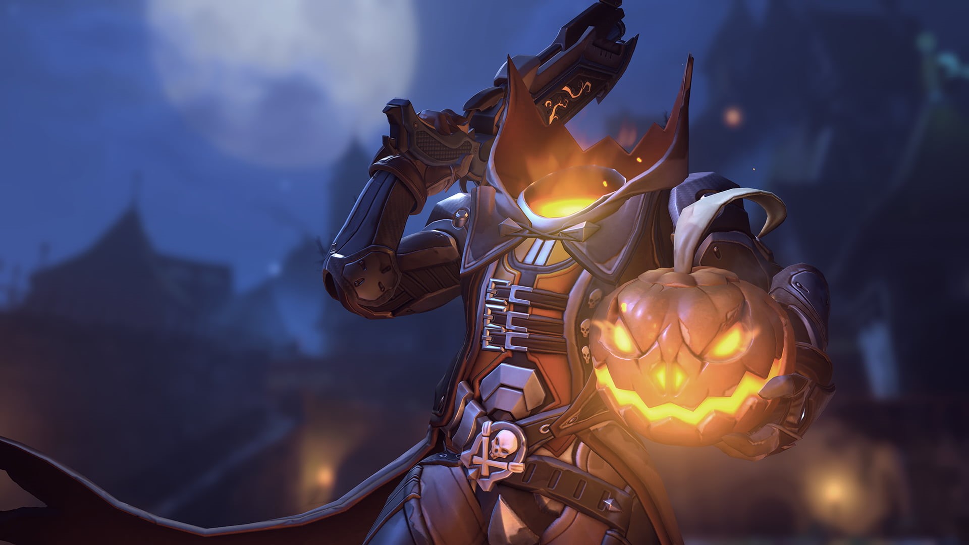 Overwatch, building, burning, armored, sky, graphic, head, character, religion, spooky, focus on foreground, nature, glowing, lighting equipment, night, HD Wallpaper