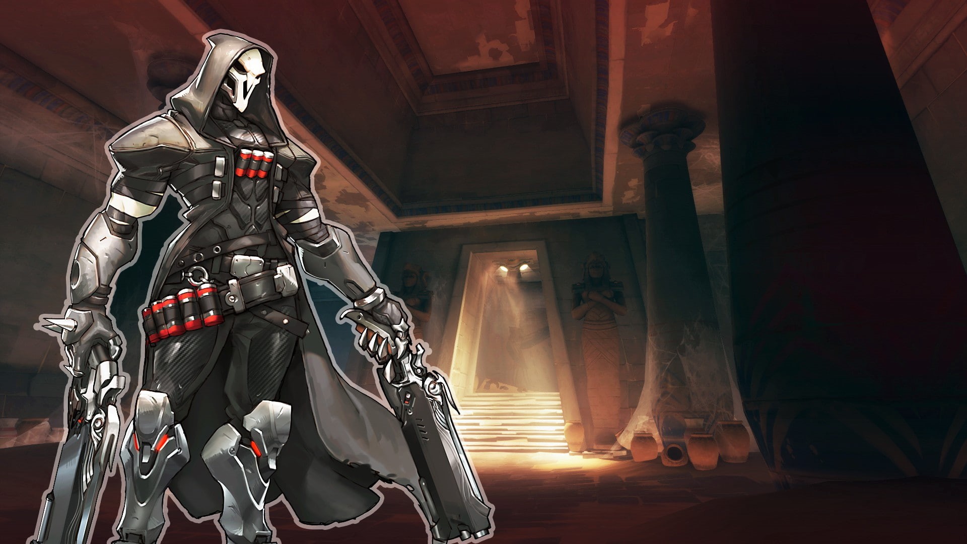 1080P, Overwatch, video games, building, architecture, indoors, activity, curtain, low angle view, livewirehd (Author), sculpture, Reaper (Overwatch), HD Wallpaper