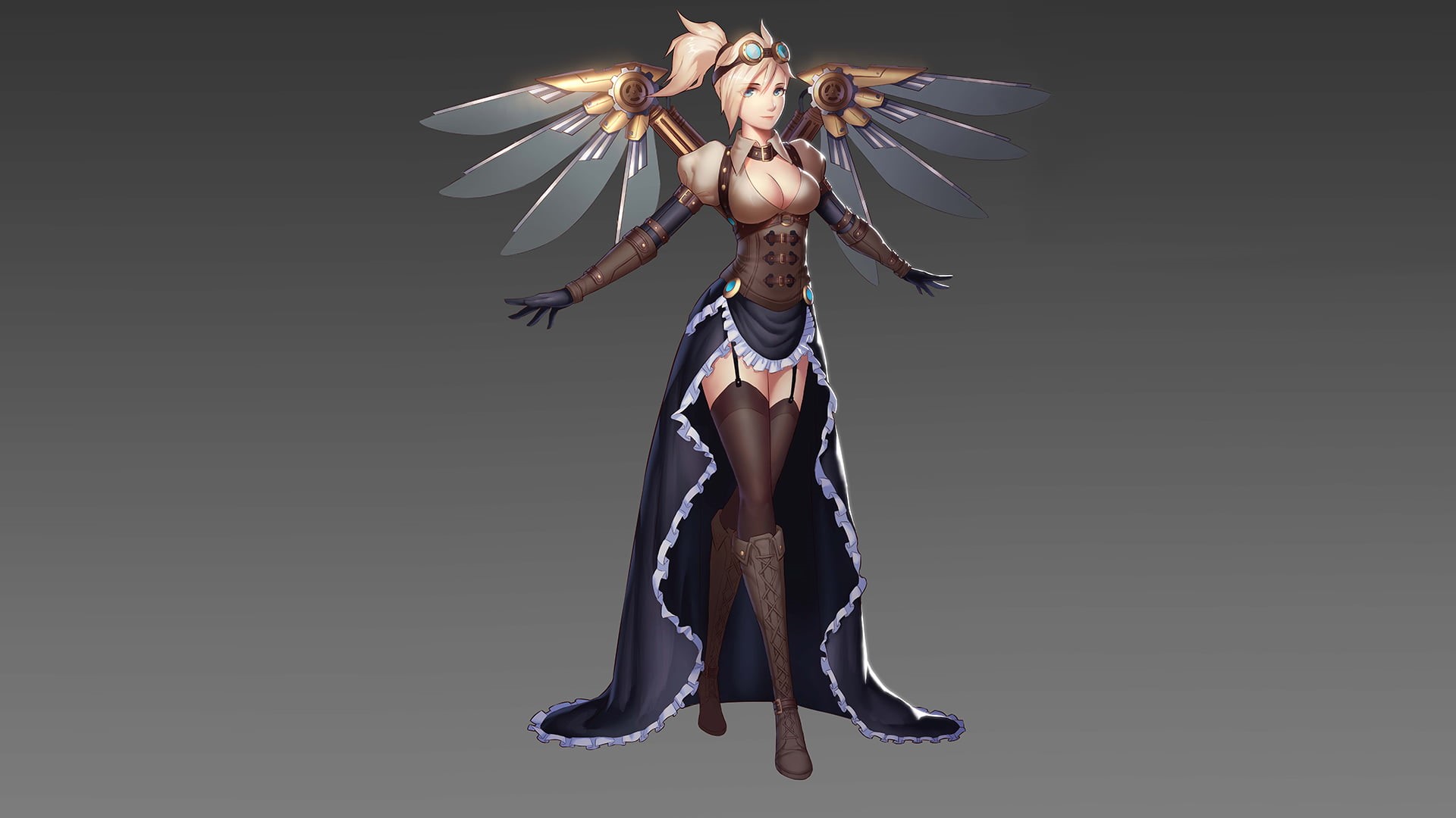 steampunk, illustration, beautiful woman, human body part, black color, gray, adult, long hair, Mercy (Overwatch), females, young adult, brown, hair, 1080P, HD Wallpaper
