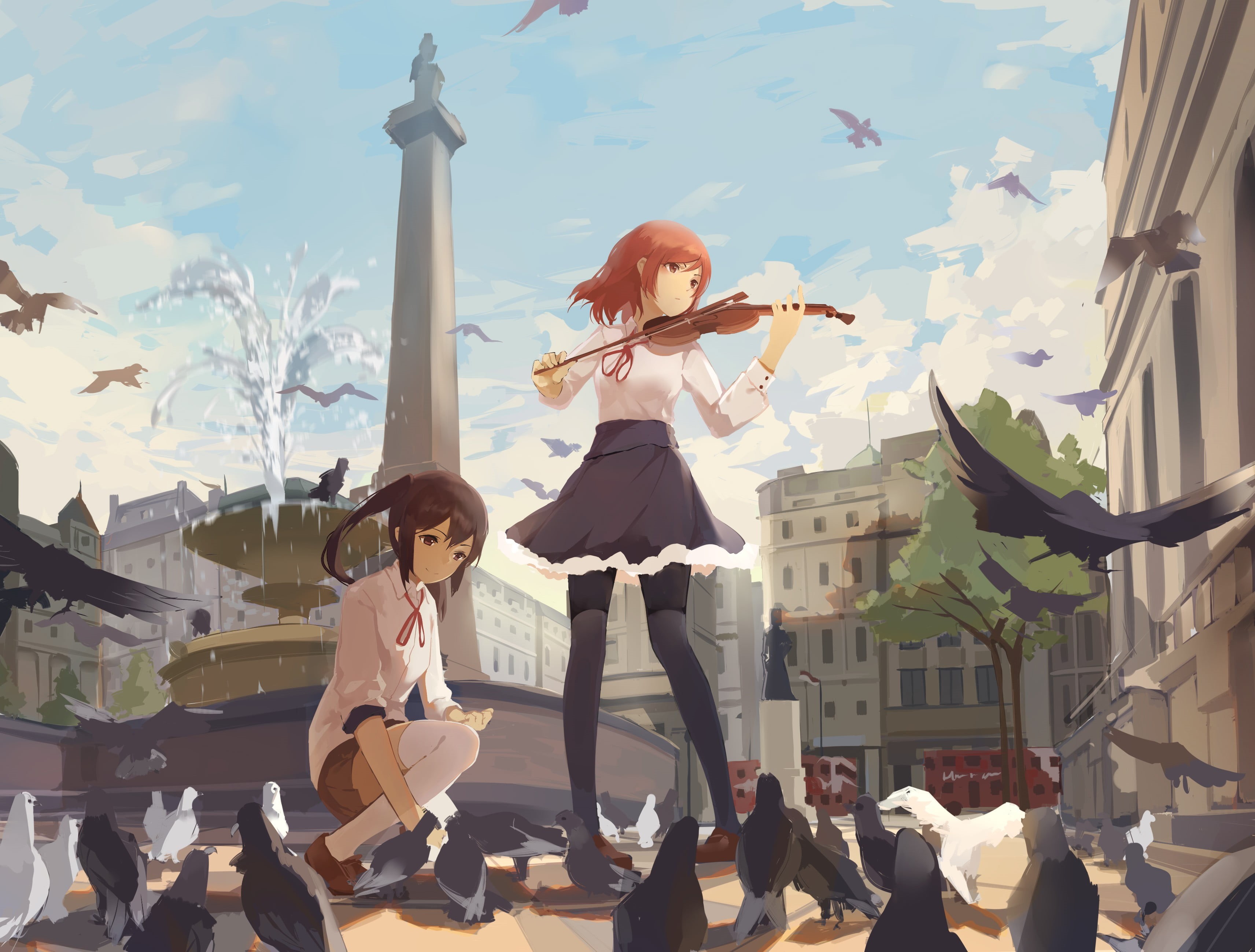 outdoors, people, piano, school uniform, women, sunlight, trees, digital, real people, fountain, lifestyles, men, ribbon, Nishikino Maki, leisure activity, HD Wallpaper