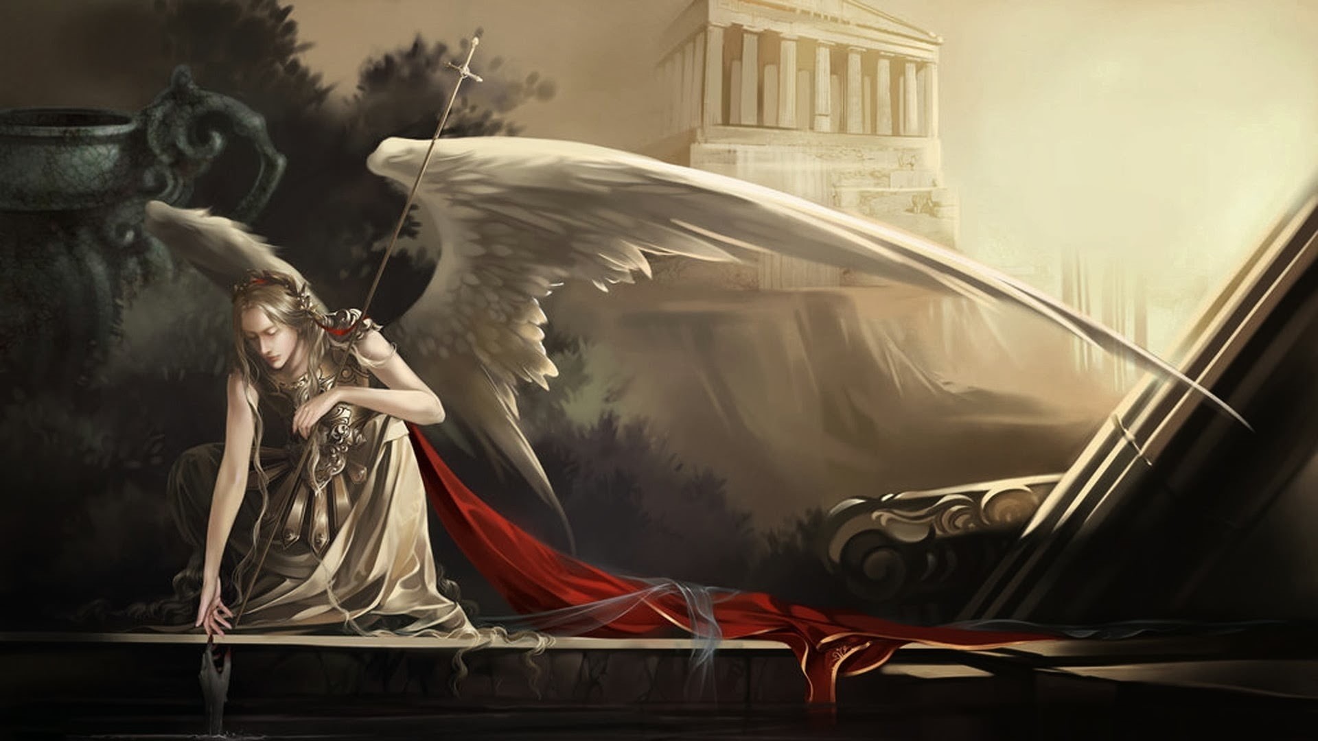 human representation, flying, day, animal wildlife, crouching, animals in the wild, 1080P, temple, painting, angel, art and craft, vertebrate, representation, HD Wallpaper