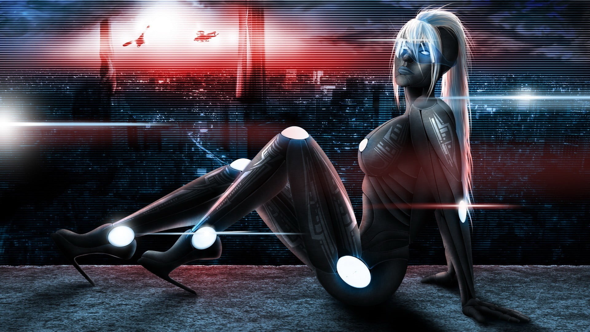 robot, blurred motion, sunglasses, relaxation, high heels, 1080P, leisure activity, red, city, young adult, long exposure, full length, sitting, lifestyles, HD Wallpaper