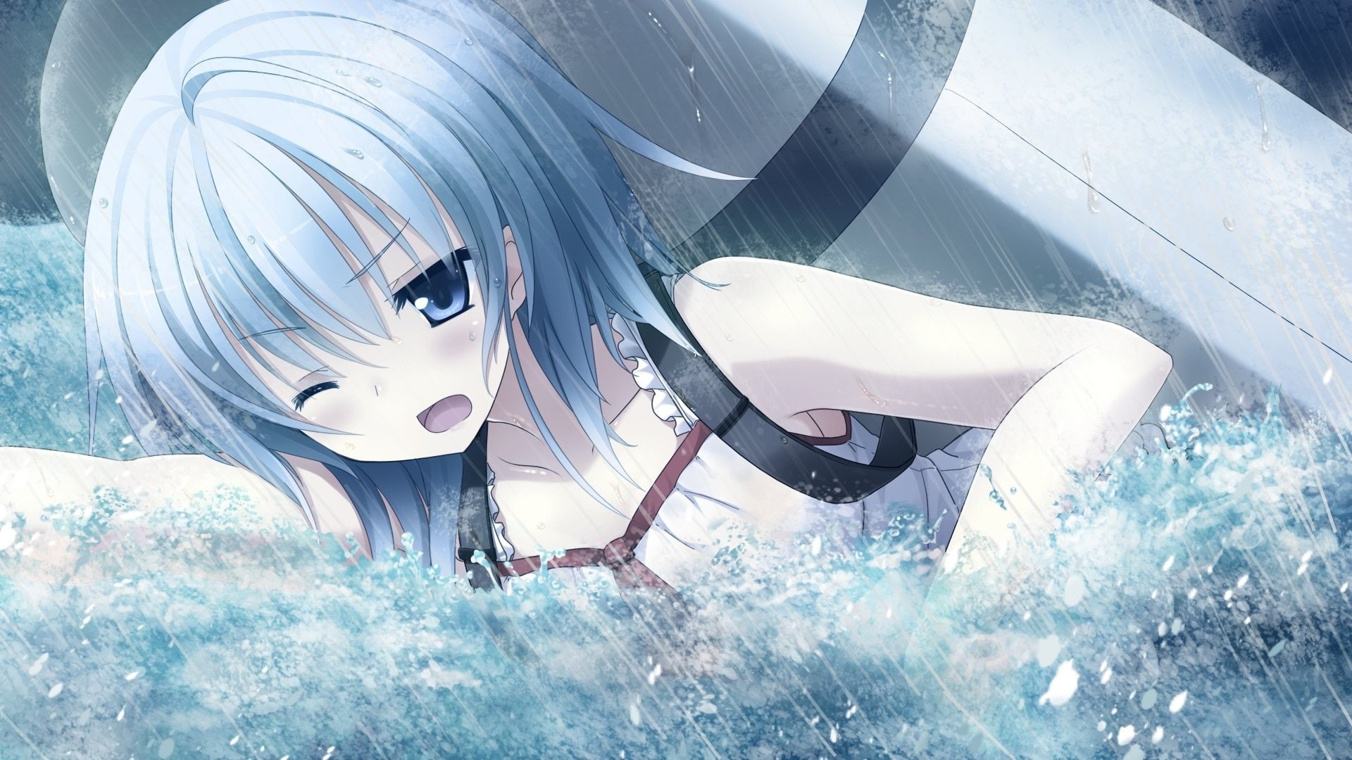 Girl, Short Hair, Rain, Anime, Imouto No Katachi, White Hair, Water, Swimming, CGI, 1080P, Meta (Imouto no Katachi), Wink, HD Wallpaper