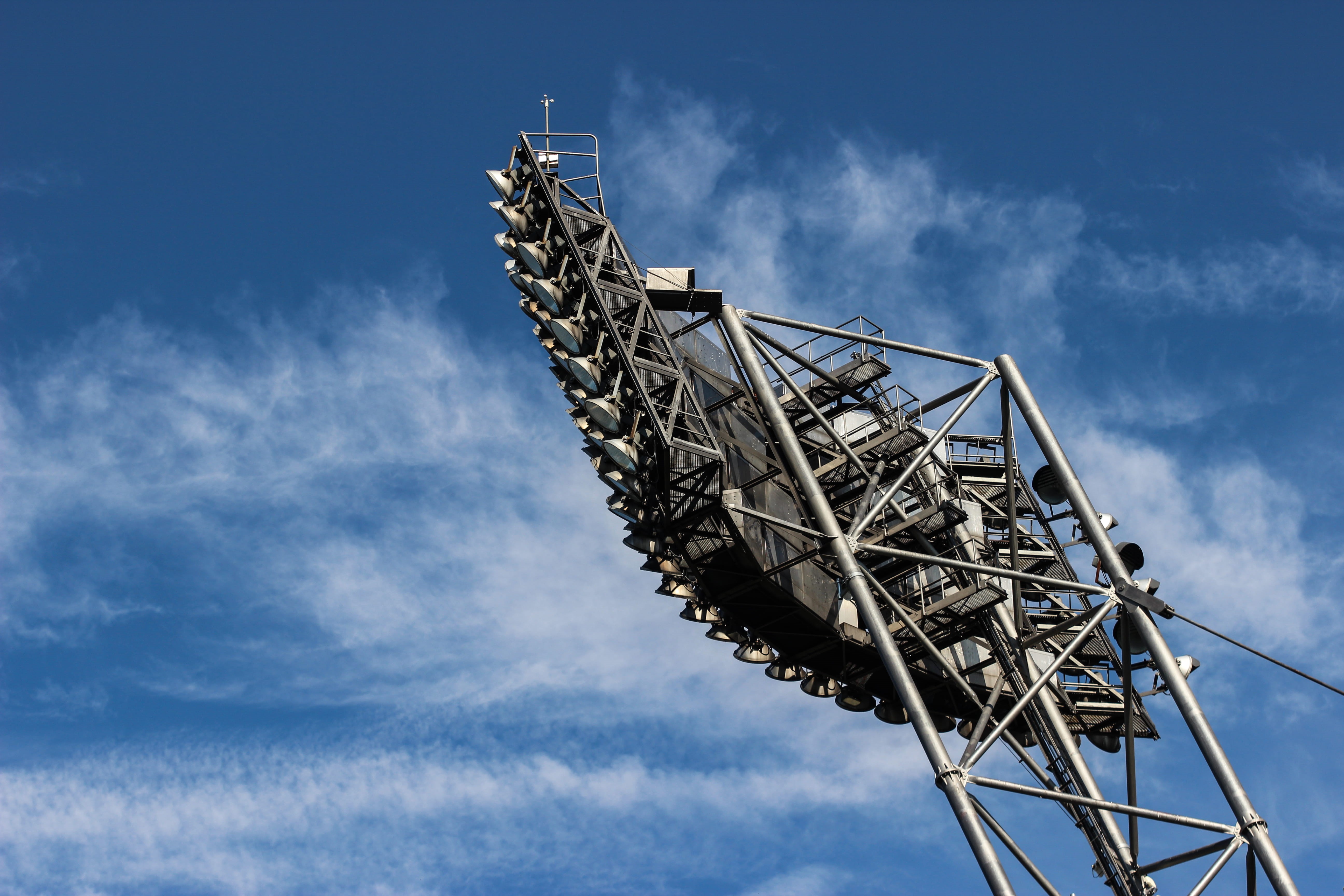 lamp post, utility pole, construction, radio wave, theme park, large, tower, satellite, roller coaster, sky, electrical equipment, amusement park, cloud - sky, HD Wallpaper