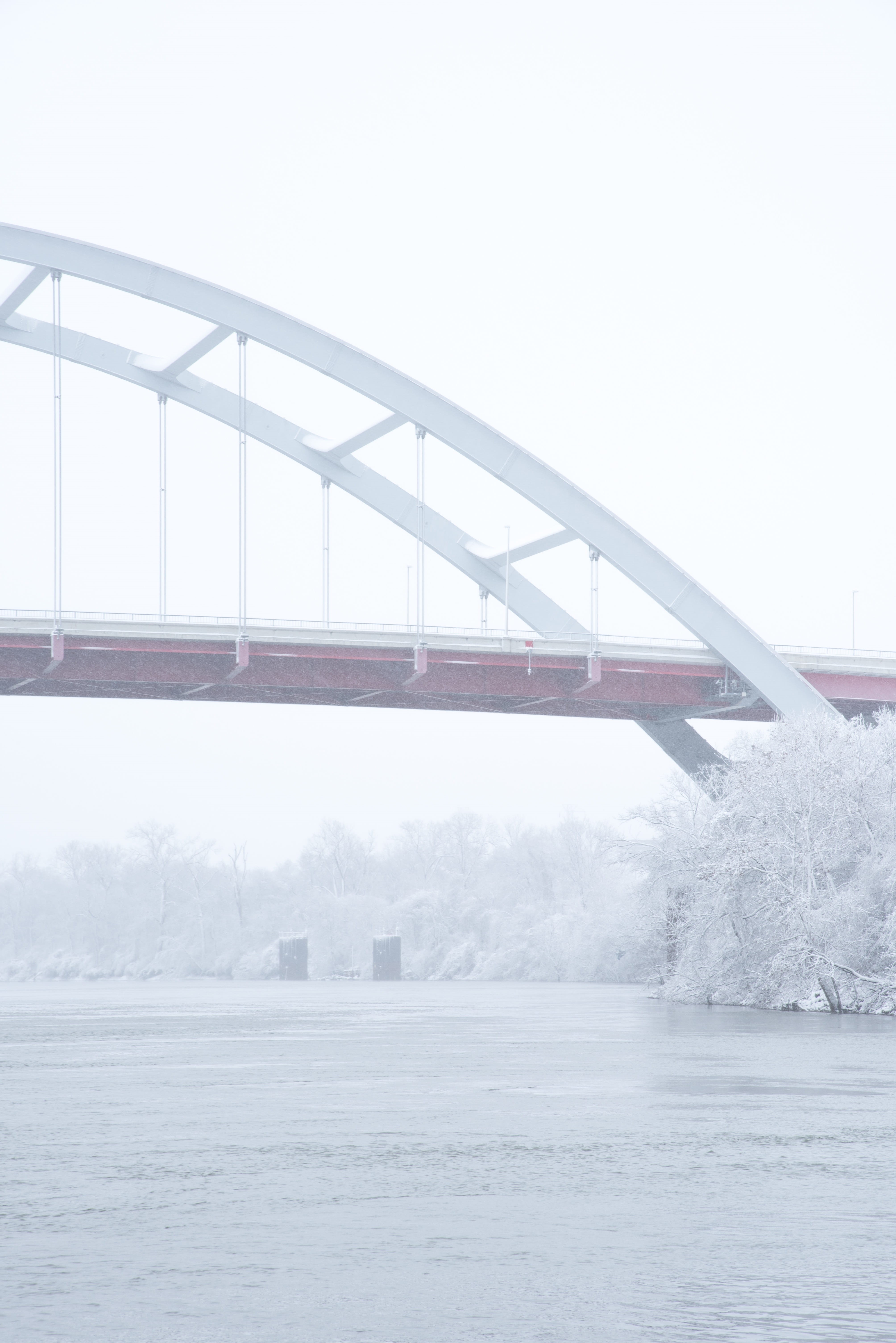 steel, flow, route, built structure, transportation, sky, snow, water, fog, architecture, path, bridge, meta, winter, cold temperature, support, river, Phone HD Wallpaper