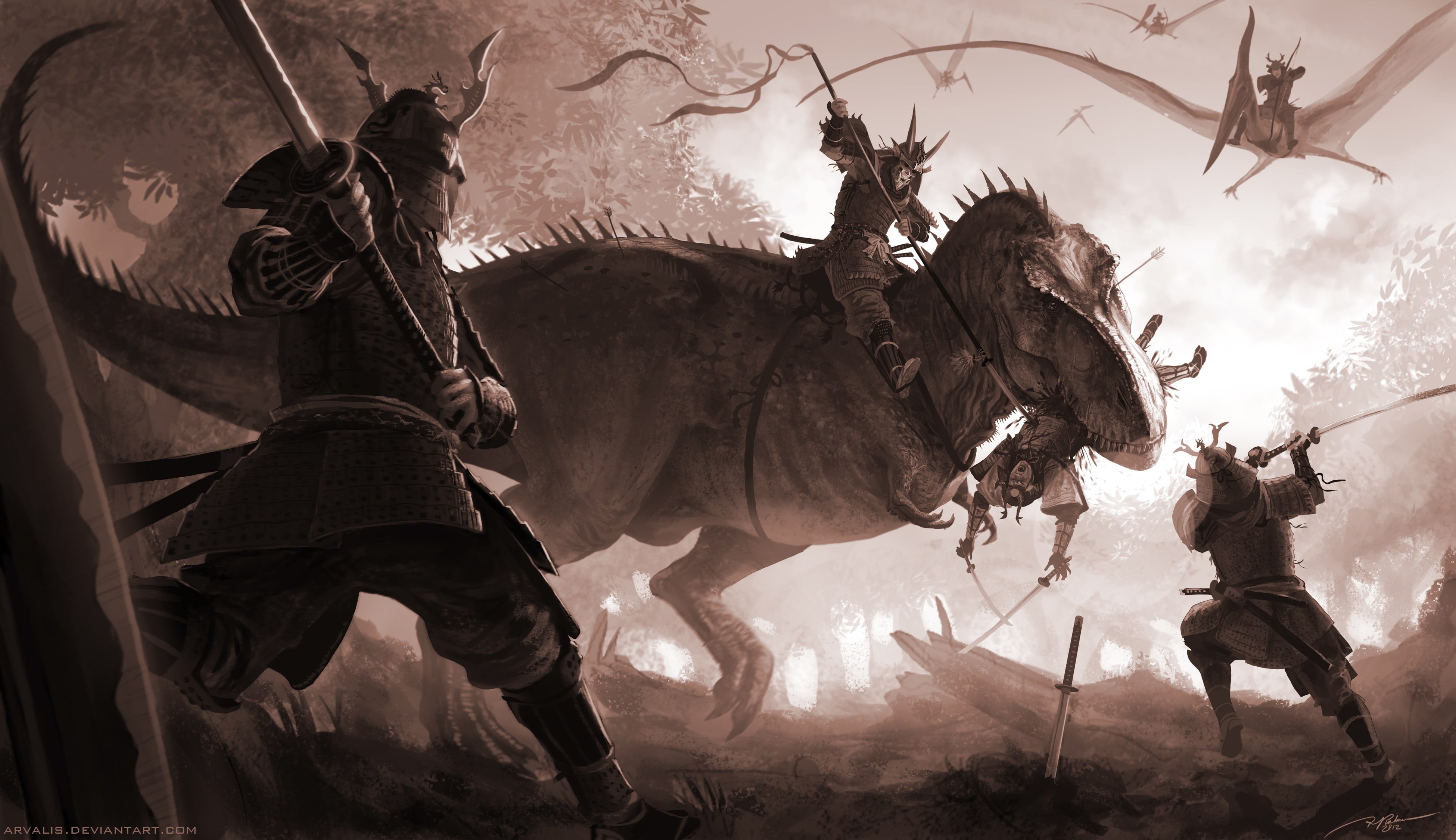 dinosaurs, creativity, Tyrannosaurus rex, animal themes, working animal, no people, katana, nature, samurai, pets, livestock, animal, representation, fantasy art, HD Wallpaper