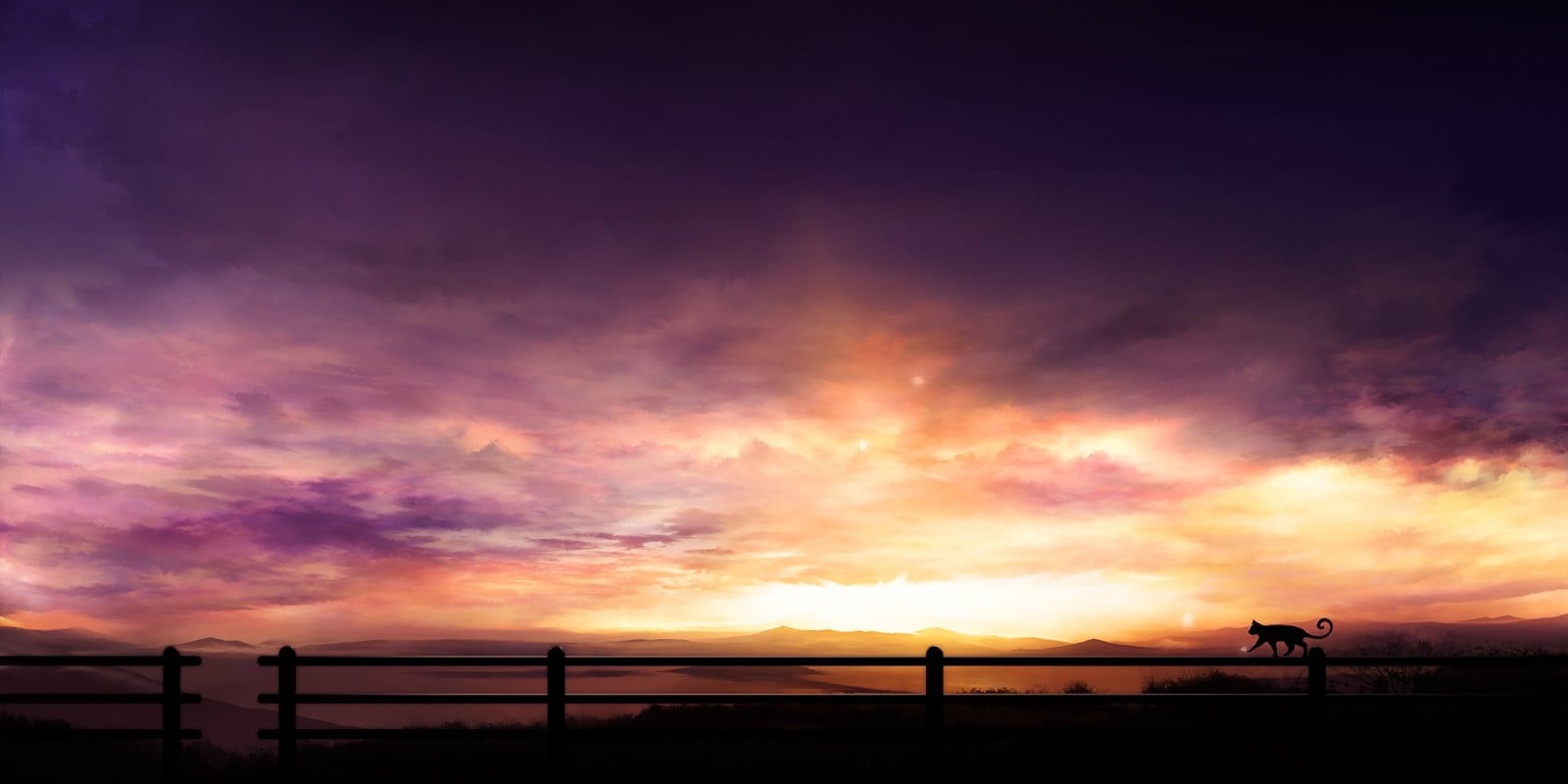screen, fence, tranquility, sky, anime, flat, outdoors, silhouette, dusk, computer, sunset, tranquil scene, purple, idyllic, electricity pylon, nature, HD Wallpaper