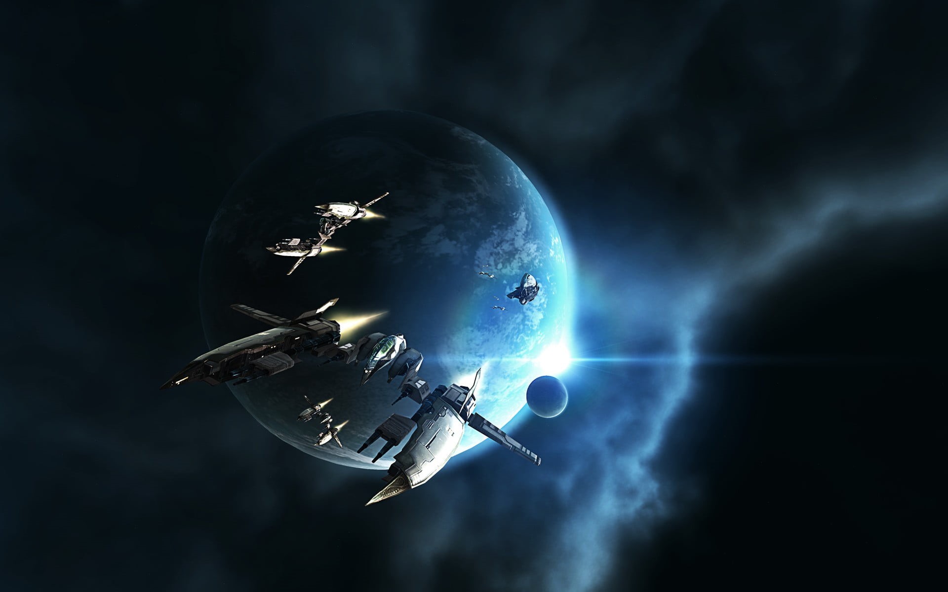 outdoors, video games, EVE Online, air vehicle, global communications, globe - man made object, blue, silver, sky, pendant, night, copy space, space, cloud - sky, HD Wallpaper