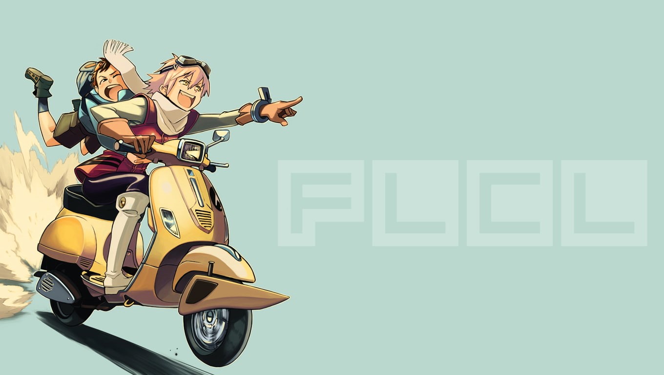Nandaba Naota, Vespa, vehicle, FLCL, anime, goggles, 720P, Haruhara Haruko, HD Wallpaper