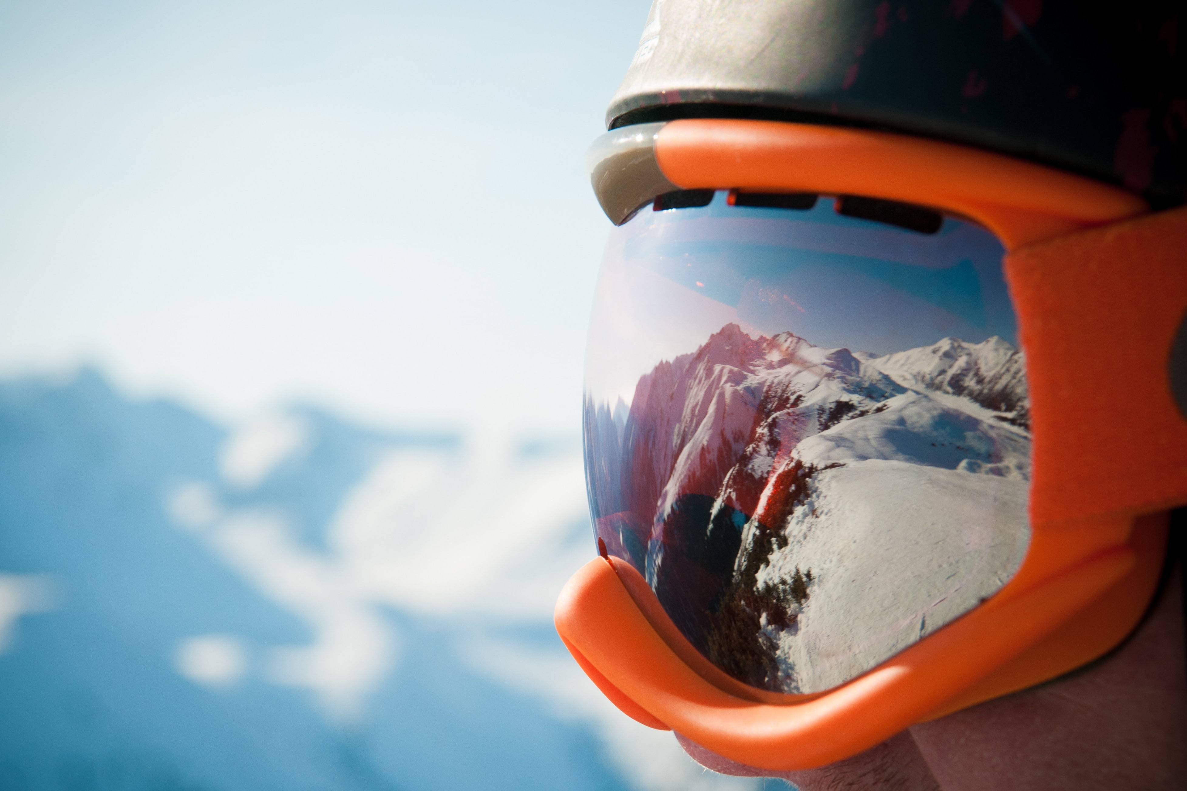 4K, goggles, snow, reflection, helmet, mountains, HD Wallpaper