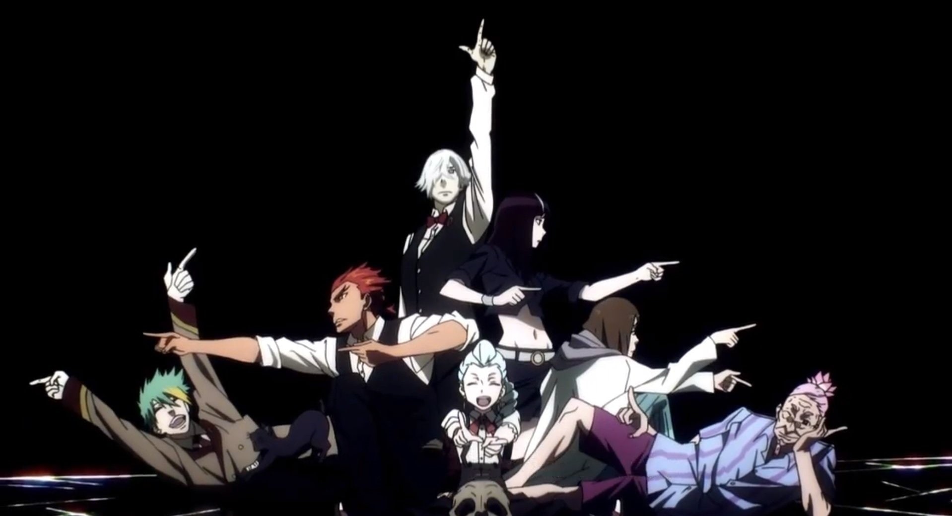 Skull, Purple Hair, Red Hair, 720P, Clavis (Death Parade), Ginti (Death Parade), Chiyuki (Death Parade), Decim (Death Parade), Smile, Anime, Quin (Death Parade), HD Wallpaper