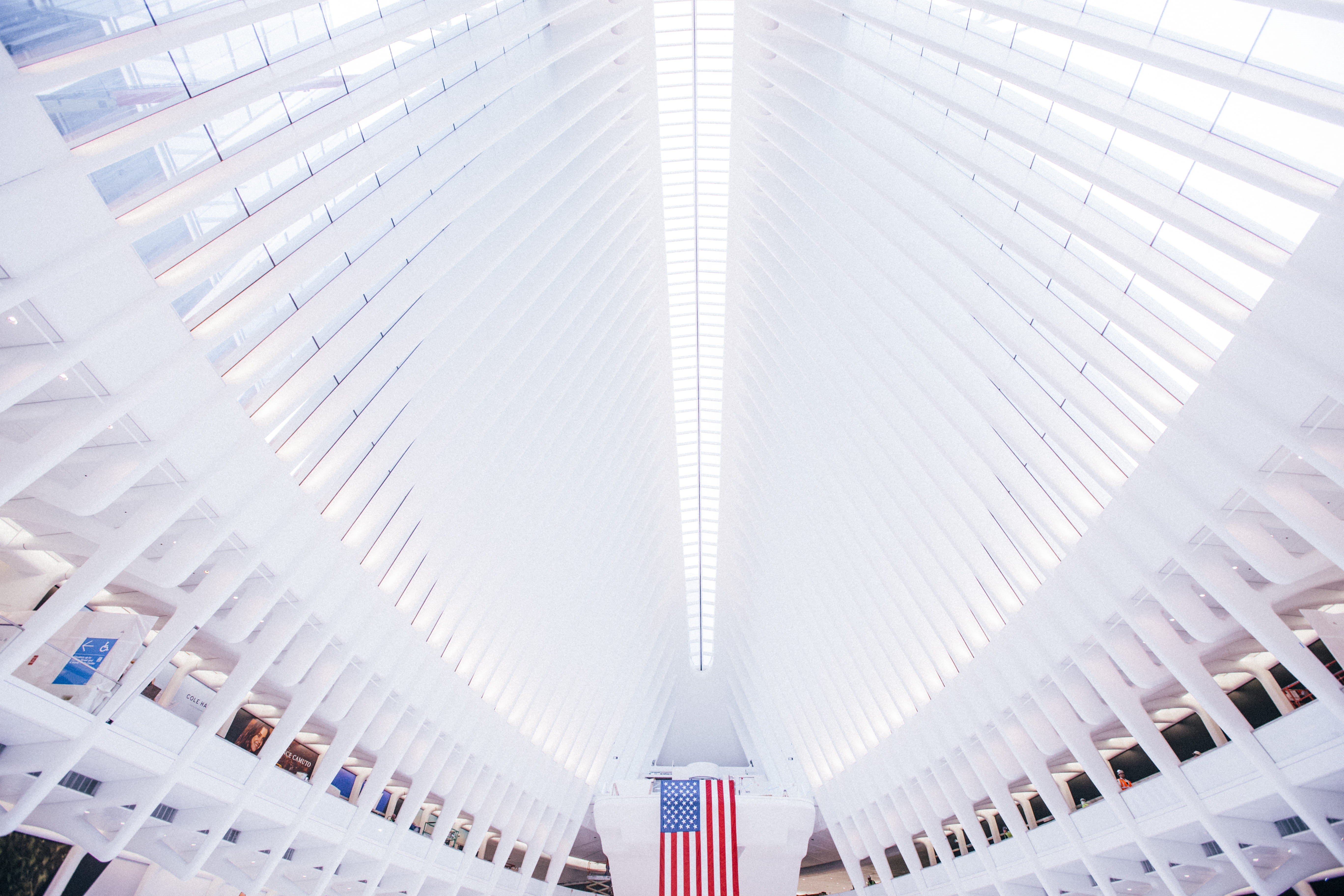 indoors, day, architectural column, new york, 5K, city, in a row, oculus, world trade center, flag, nyc, america, no people, built structure, white, architecture, HD Wallpaper