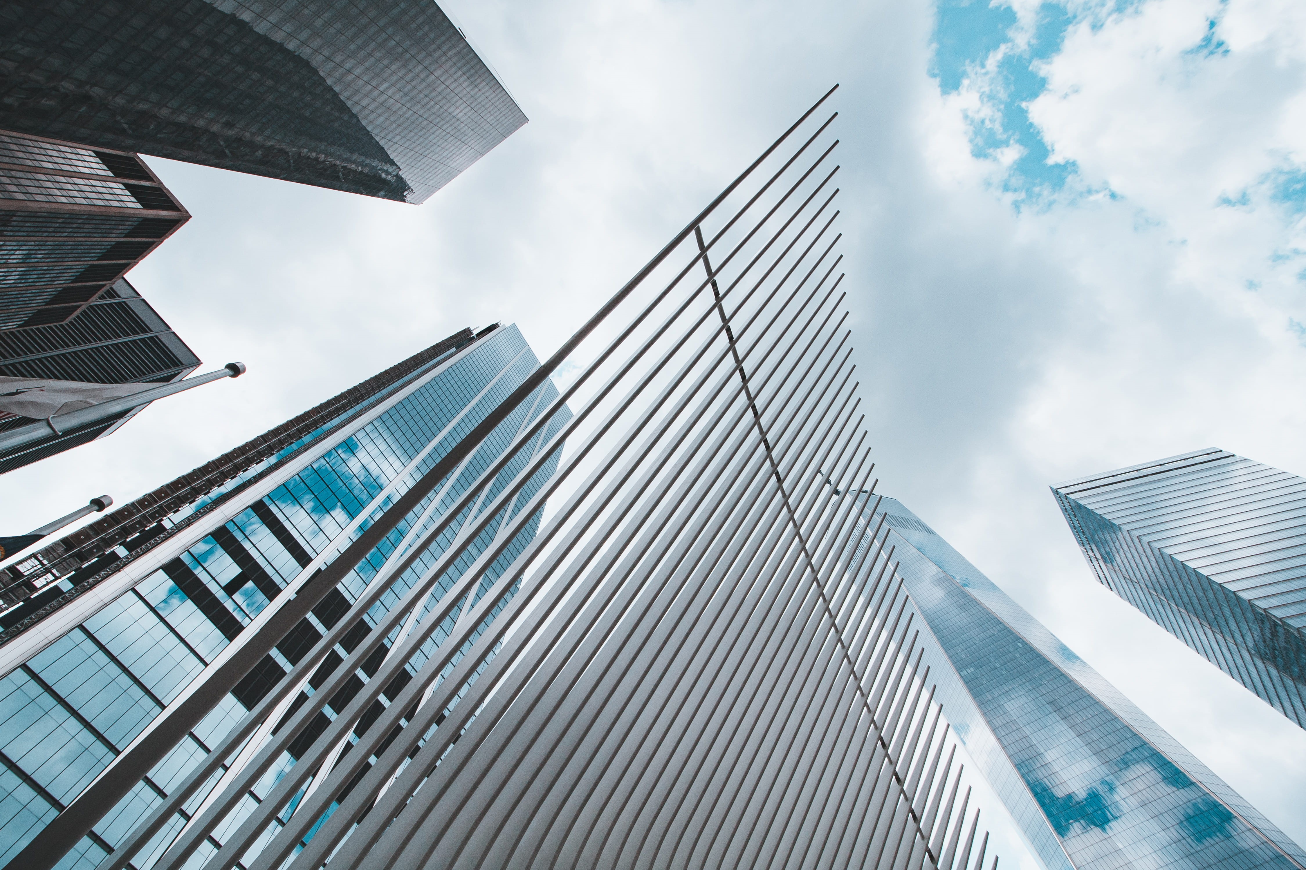 architectural, outdoors, office building exterior, cloud, glass, directly below, skyscraper, modern design, abstact, architecture, financial district, the oculus, HD Wallpaper