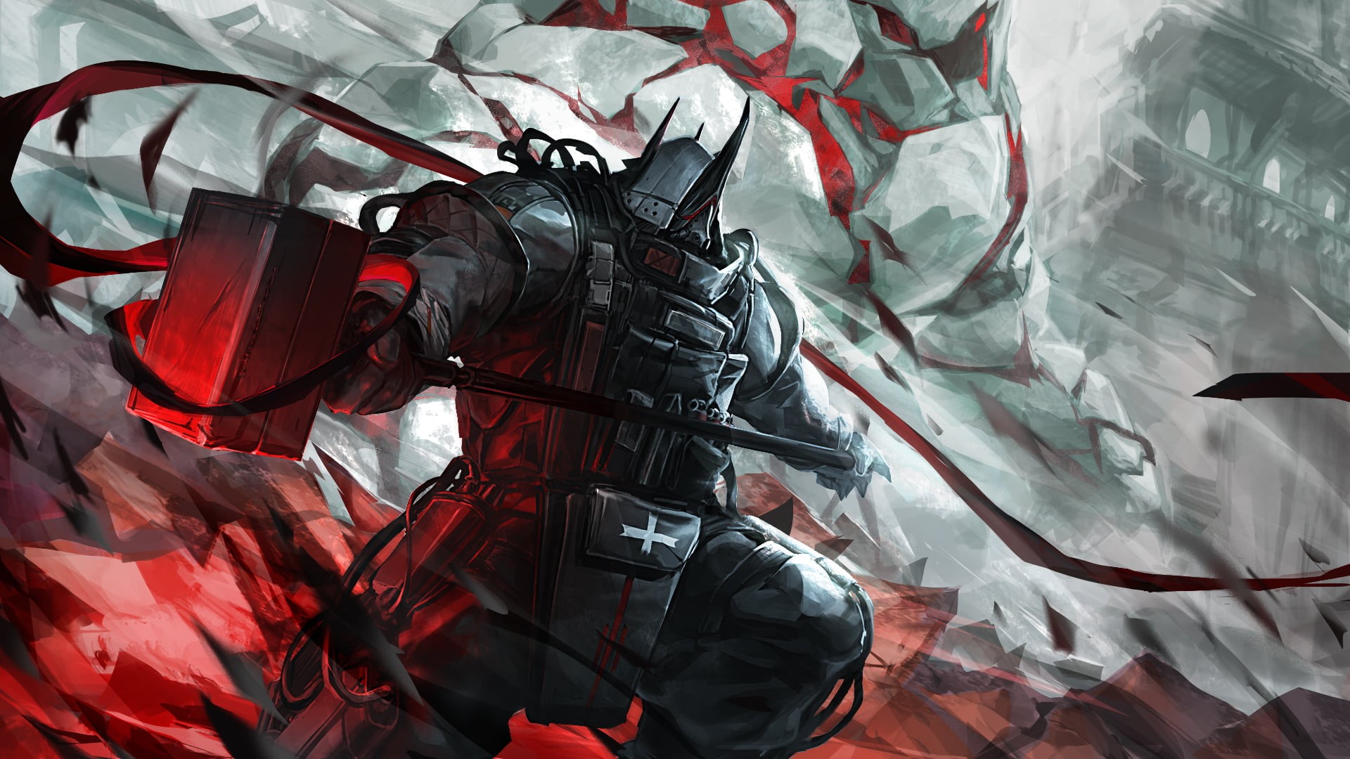gloves, bodysuit, weapon, cross, hammer, Arknights, helmet, video game characters, Mudrock (Arknights), video games, golem, standing, Armored, horns, demon horns, HD Wallpaper