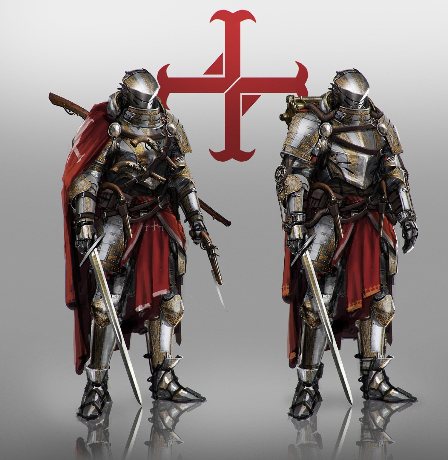 gun, red, armor, 720P, weapon, warrior, knight, Templar, pistol, drawing, blades, men, helmet, sword, cape, Phone HD Wallpaper