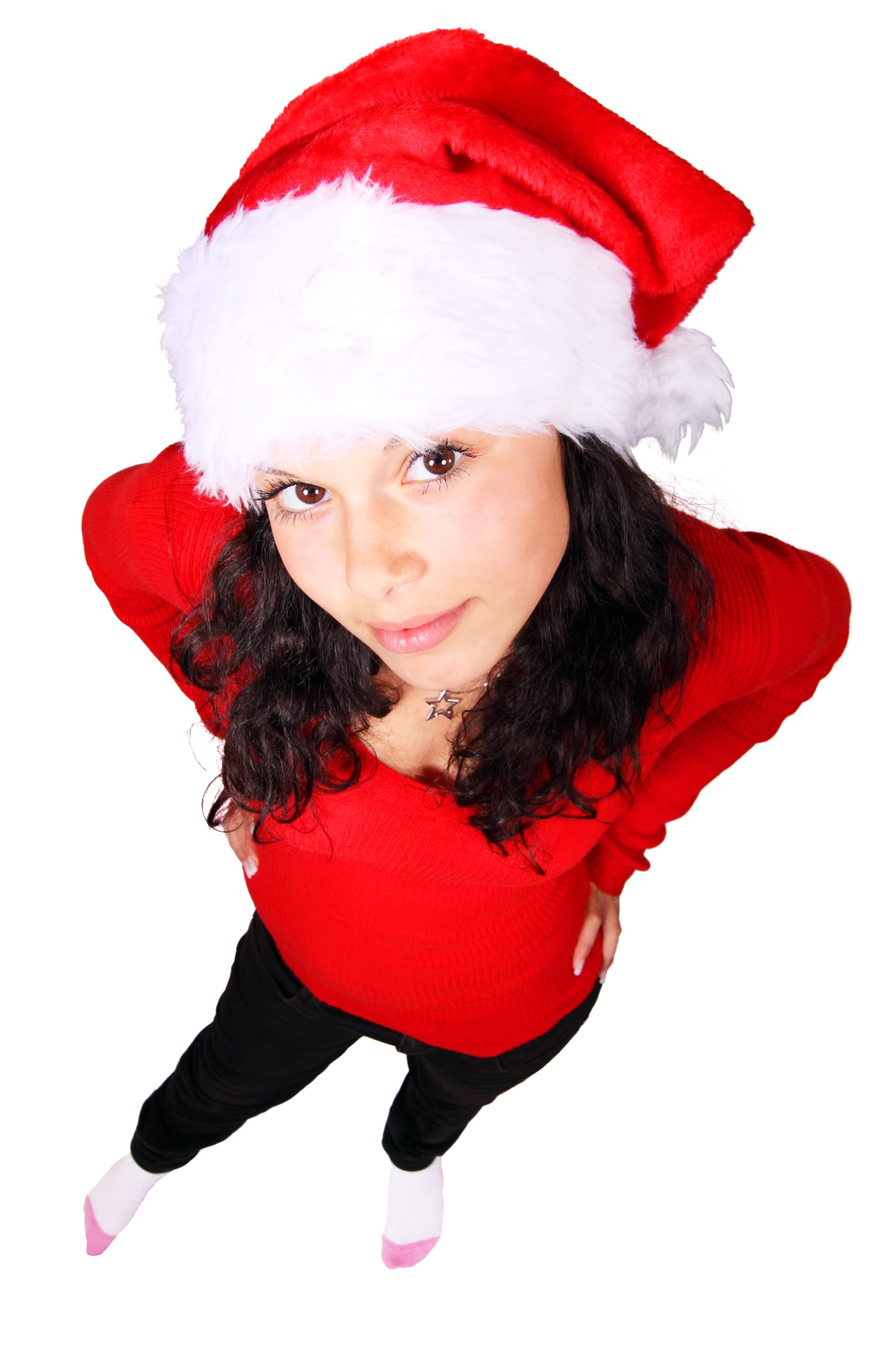 isolated, haired, happy, innocence, girls, girl, studio Shot, top, santa Hat, claus, front view, cheerful, looking At Camera, warm clothing, cut out, portrait, Phone HD Wallpaper
