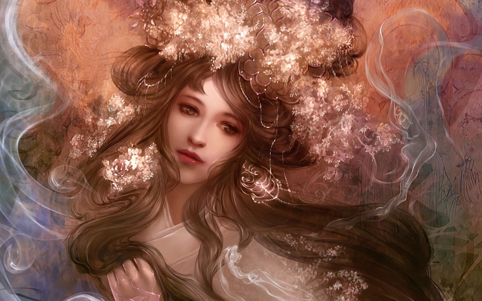 Art, Flowers, Smoke, Fantasy, Hair, Face, 1080P, Girl, HD Wallpaper