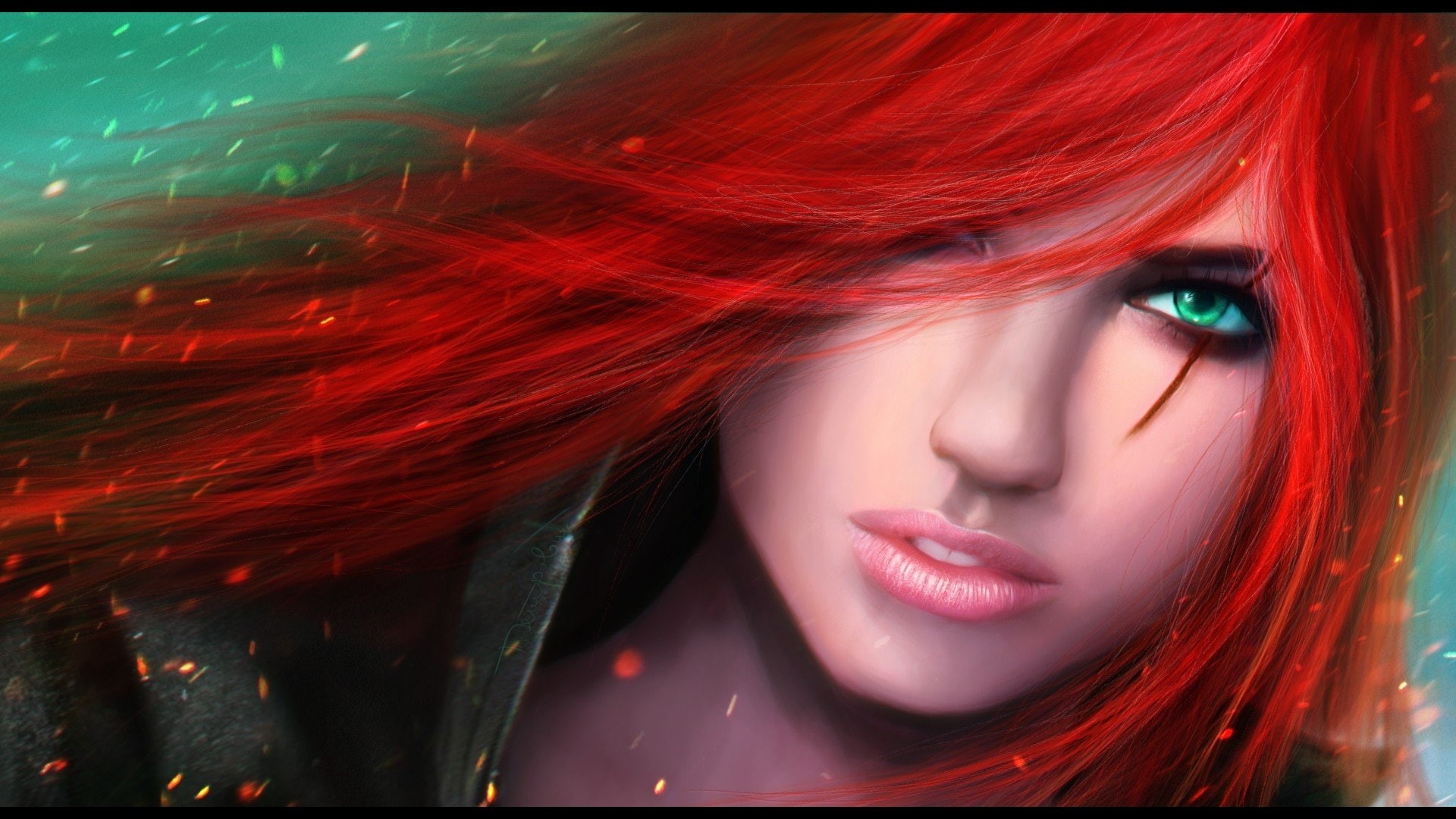 redhead, px, League of Legends, fantasy art, hd, Katarina, women, green, hair, x, render, 1920x1080 px, hair in face, legends, face, architecture, fantasy, HD Wallpaper