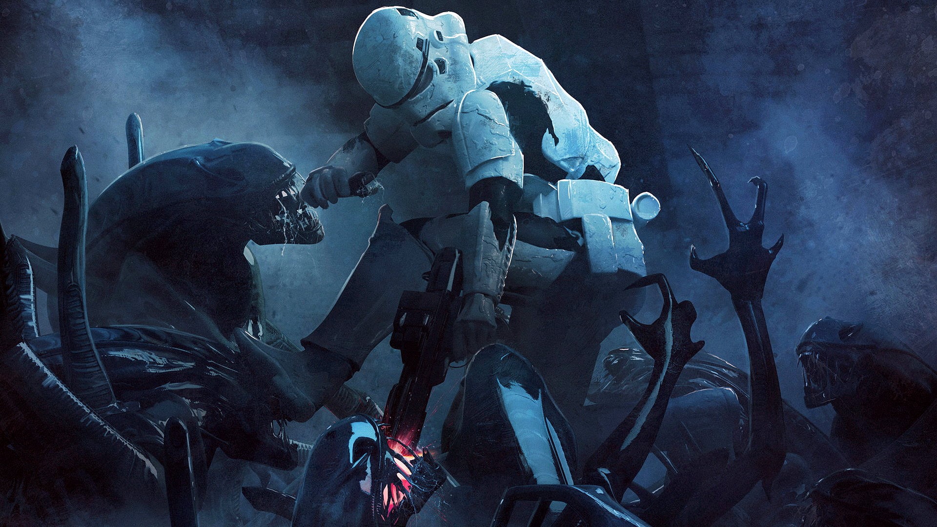 digital art, artwork, Guillem H. Pongiluppi, stormtrooper, movie characters, Star Wars, combat, science fiction, 1080P, Alien (movie), blaster, HD Wallpaper