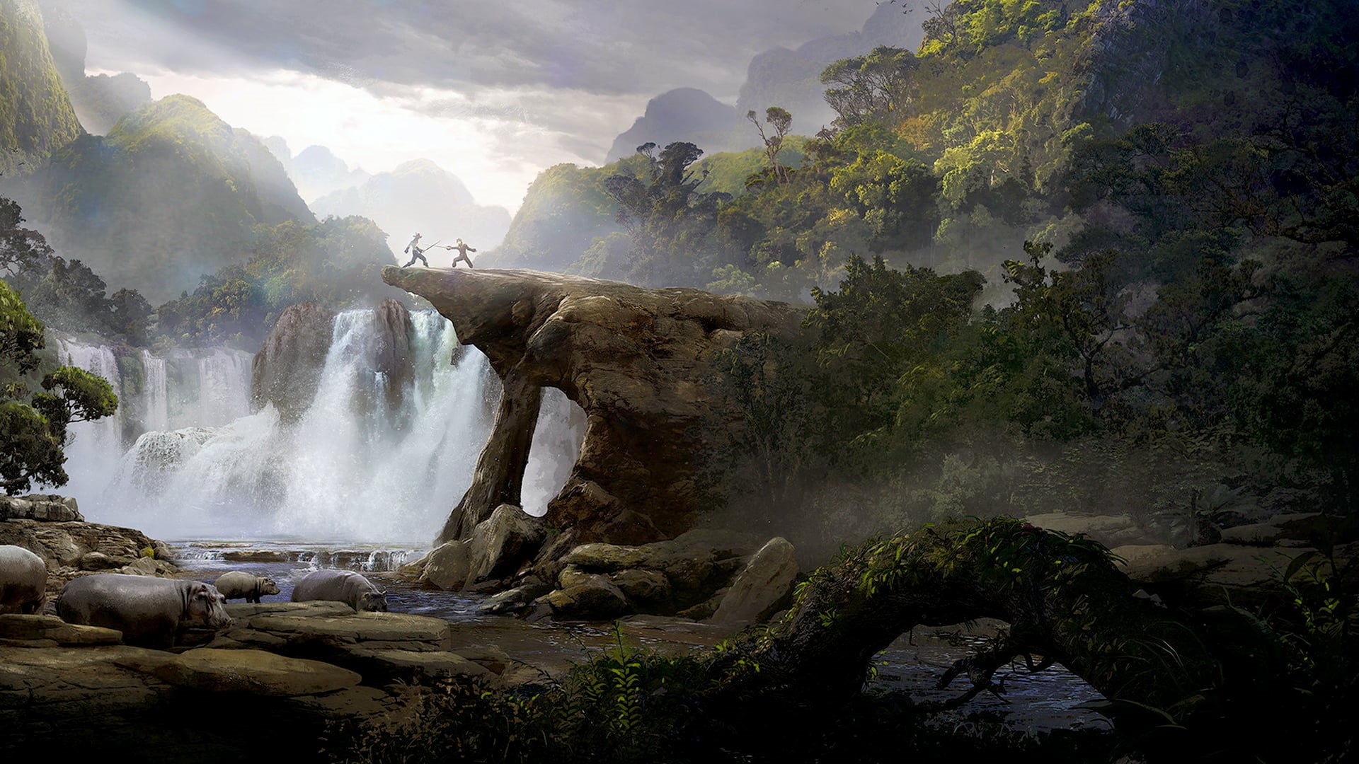 digital art, battle, forest, landscape, Guillem H. Pongiluppi, waterfall, cliff, hippos, trees, artwork, mountains, lake, sword, 1080P, plants, Duel, HD Wallpaper