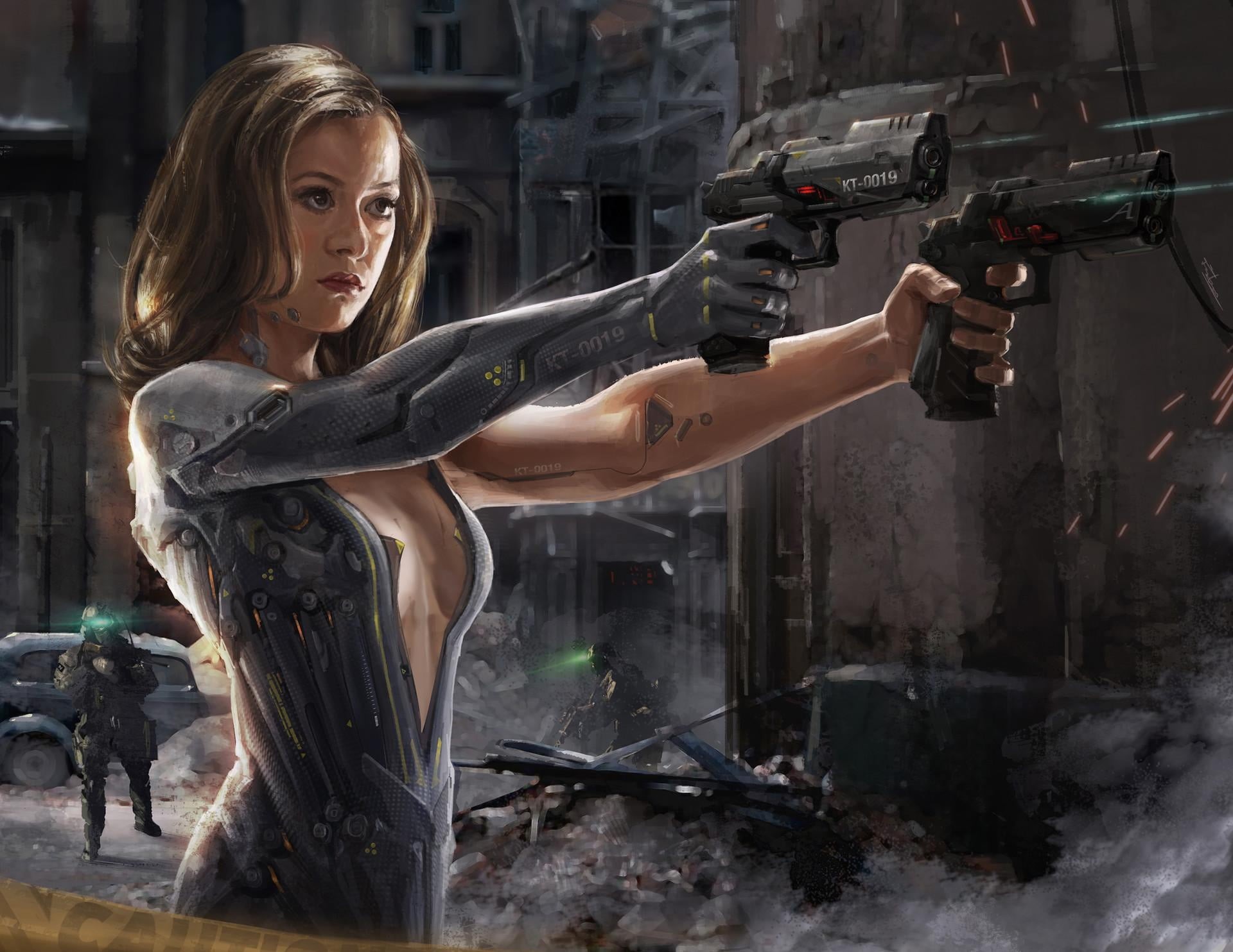 1080P, android, fantasy art, guns, artwork, girl, Gynoid, warrior, fantasy girl, weapons, digital art, cyborg, fantasy, futuristic, science fiction, sci, HD Wallpaper