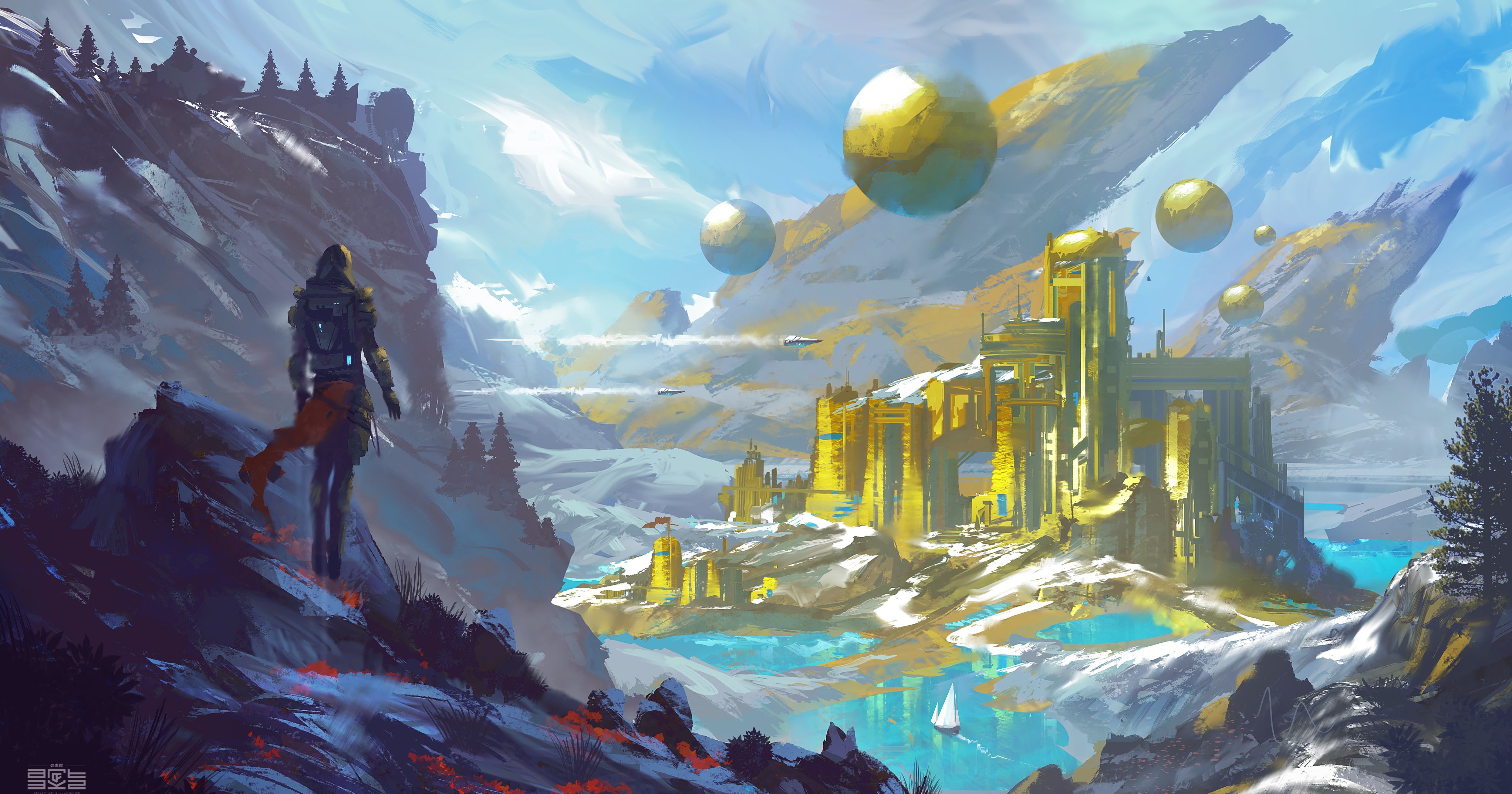 4K, tree, nature, artwork, futuristic, digital painting, snow, paint brushes, silhouette, fantasy art, environment, river, sky, sphere, science fiction, HD Wallpaper