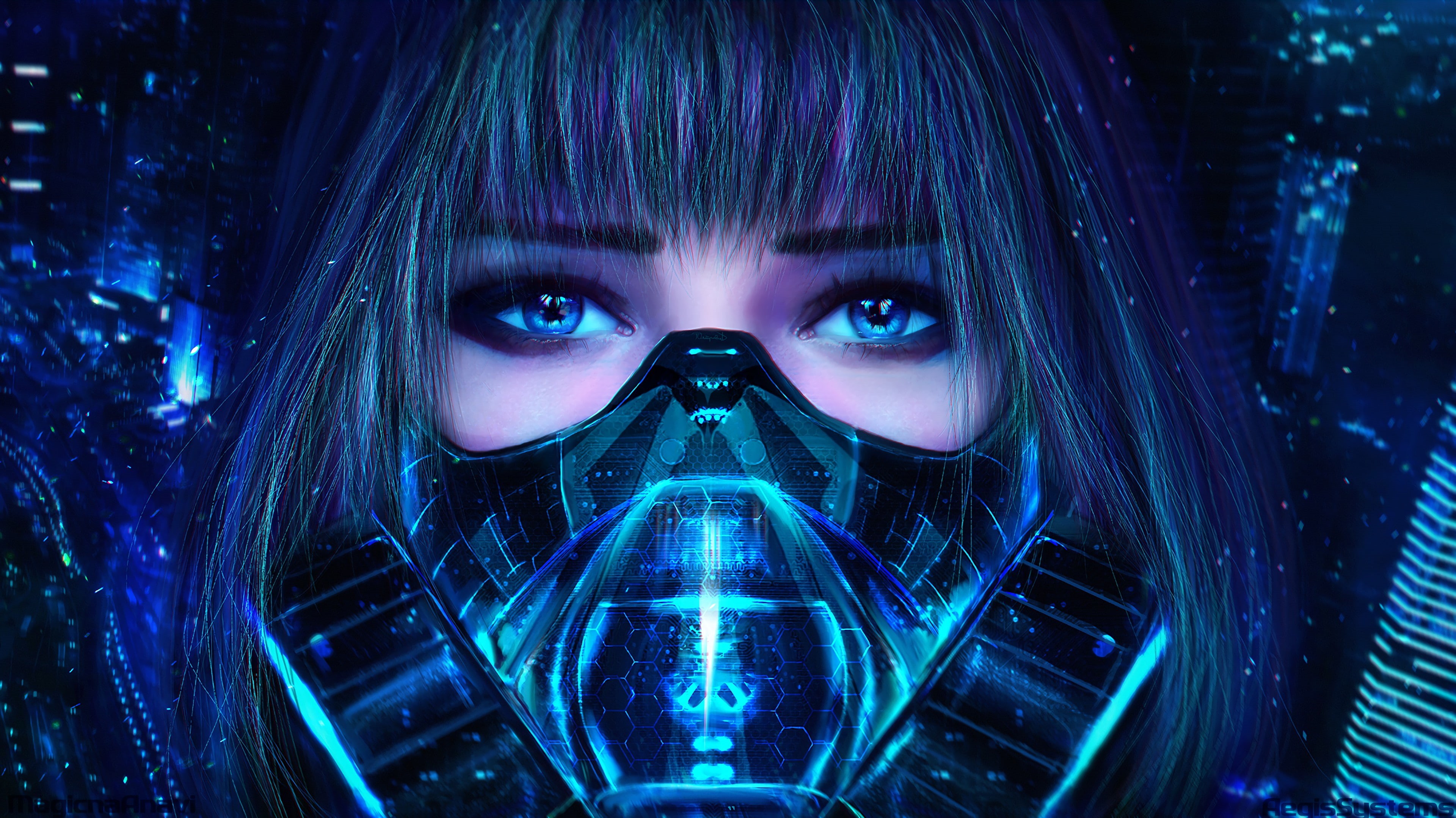 young adult, safety, security, mask, blue eyes, blue, close-up, human body part, illuminated, 4K, technology, beautiful woman, portrait, looking at camera, HD Wallpaper