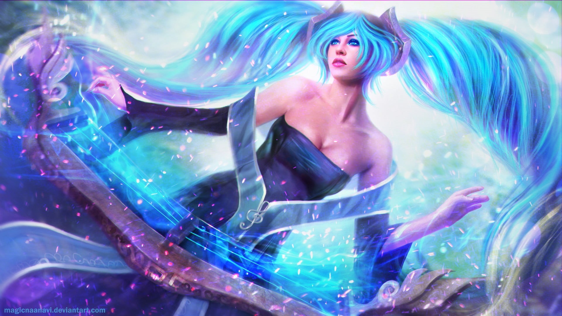 Sona (League of Legends), bare shoulders, hair, fashion, DeviantArt, front view, beauty, realistic, cleavage, beautiful woman, blue hair, adult, water, HD Wallpaper