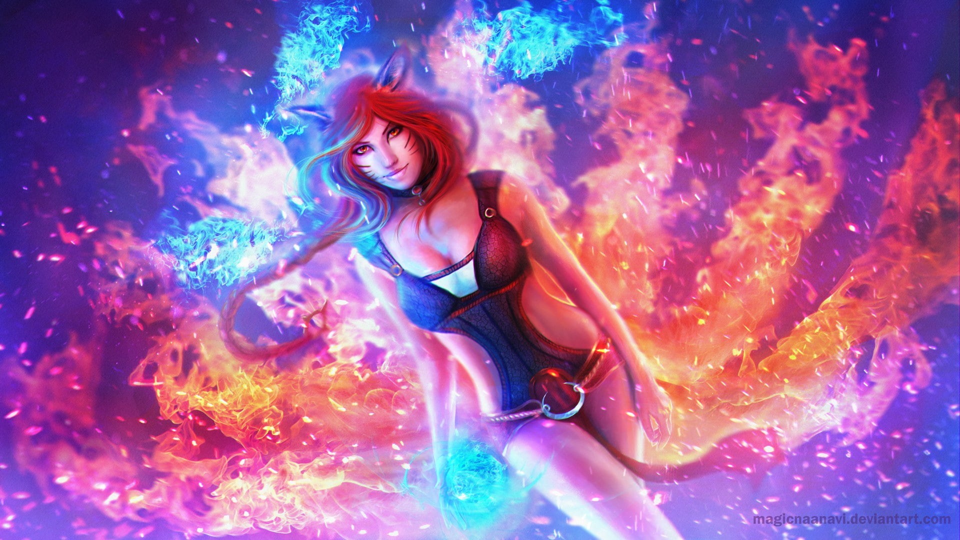 Ahri, anime, realistic, MagicnaAnavi, League of Legends, 1080P, fire, redhead, render, HD Wallpaper