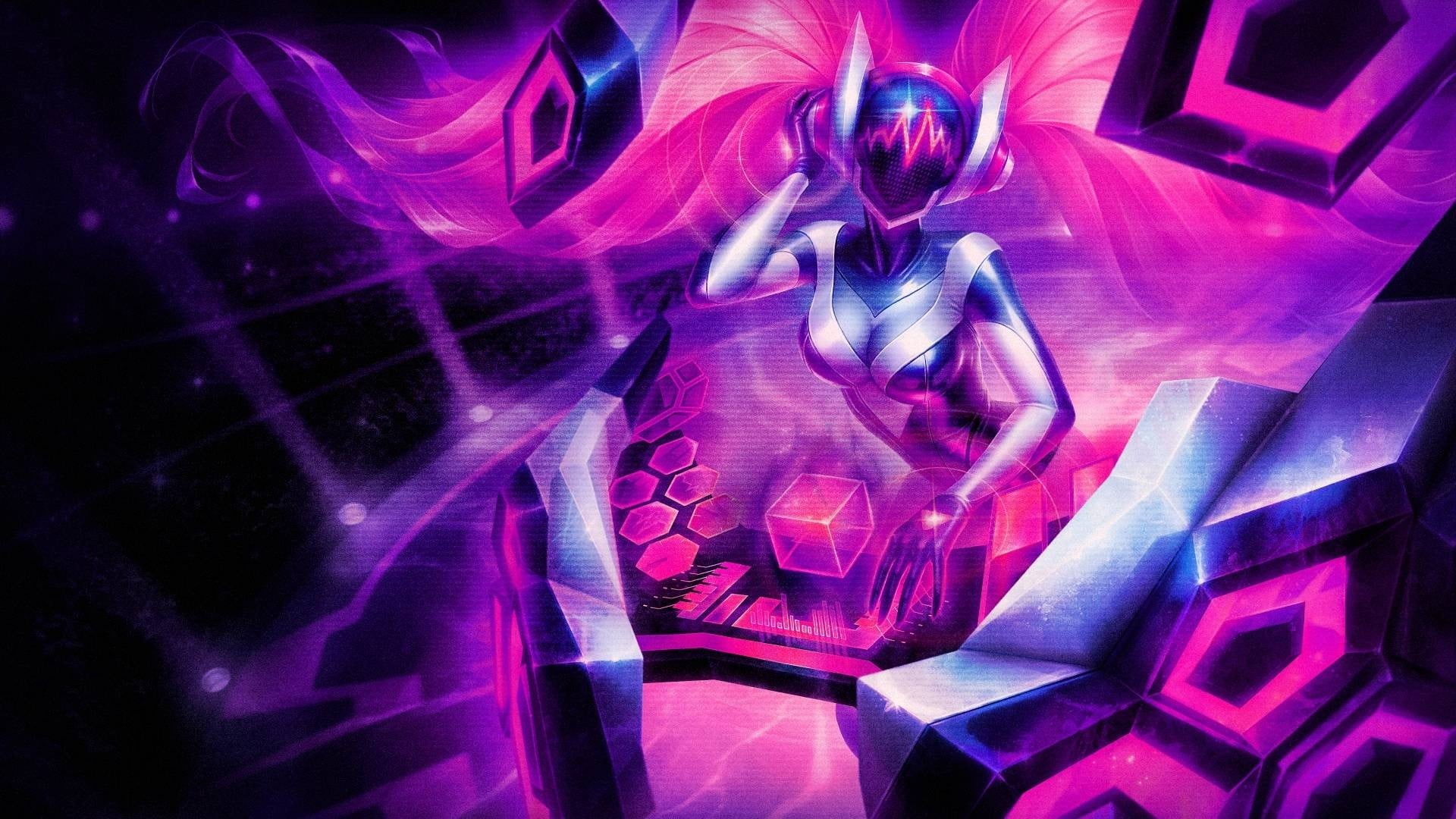 night, close-up, science, League of Legends, indoors, hair, no people, nightlife, projection, illuminated, DJ Sona, DJ, pattern, creativity, neon colored, HD Wallpaper