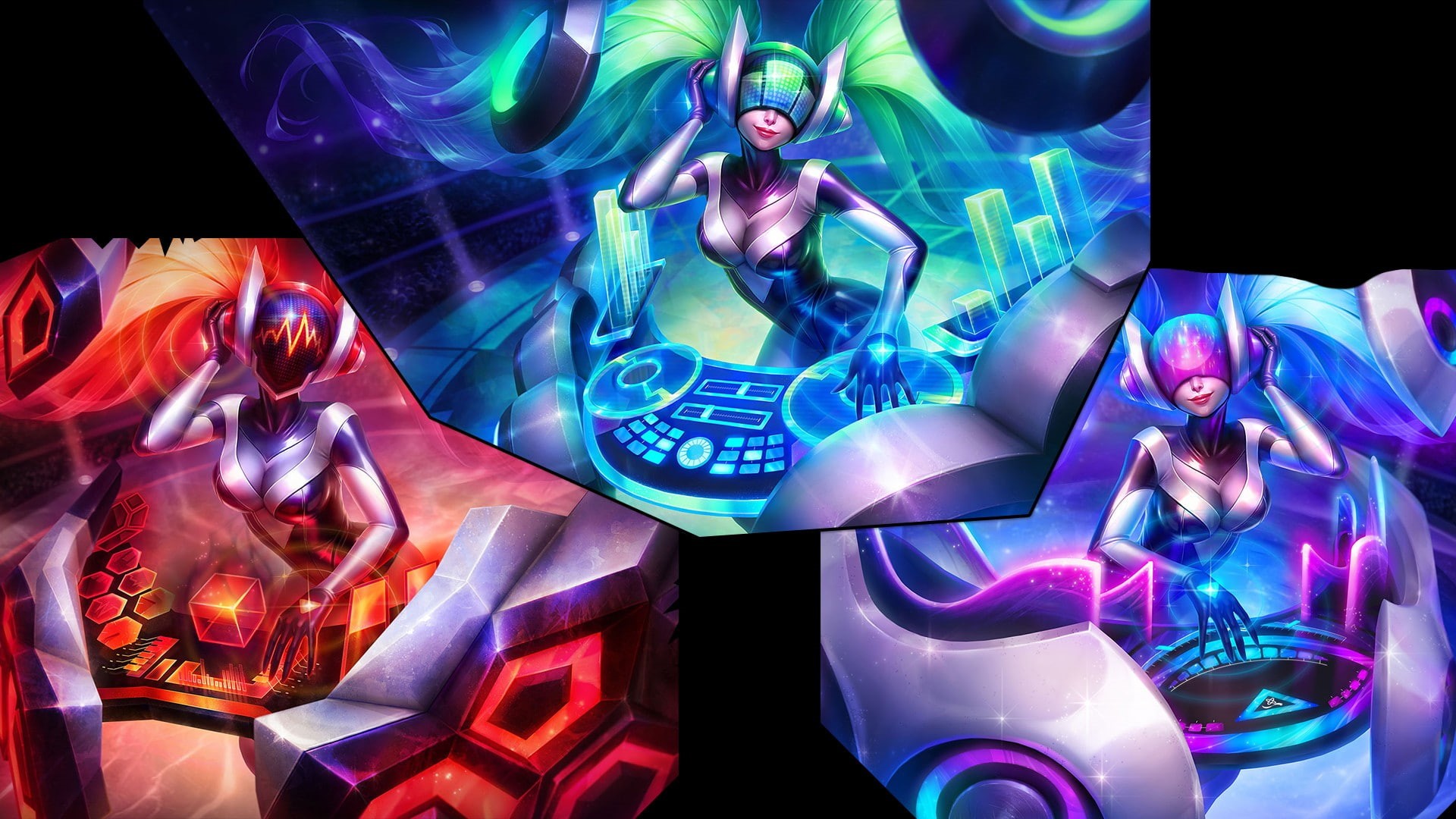 DJ Sona, Sona (League of Legends), indoors, representation, no people, human representation, high angle view, disco dancing, multi colored, nightlife, male likeness, HD Wallpaper