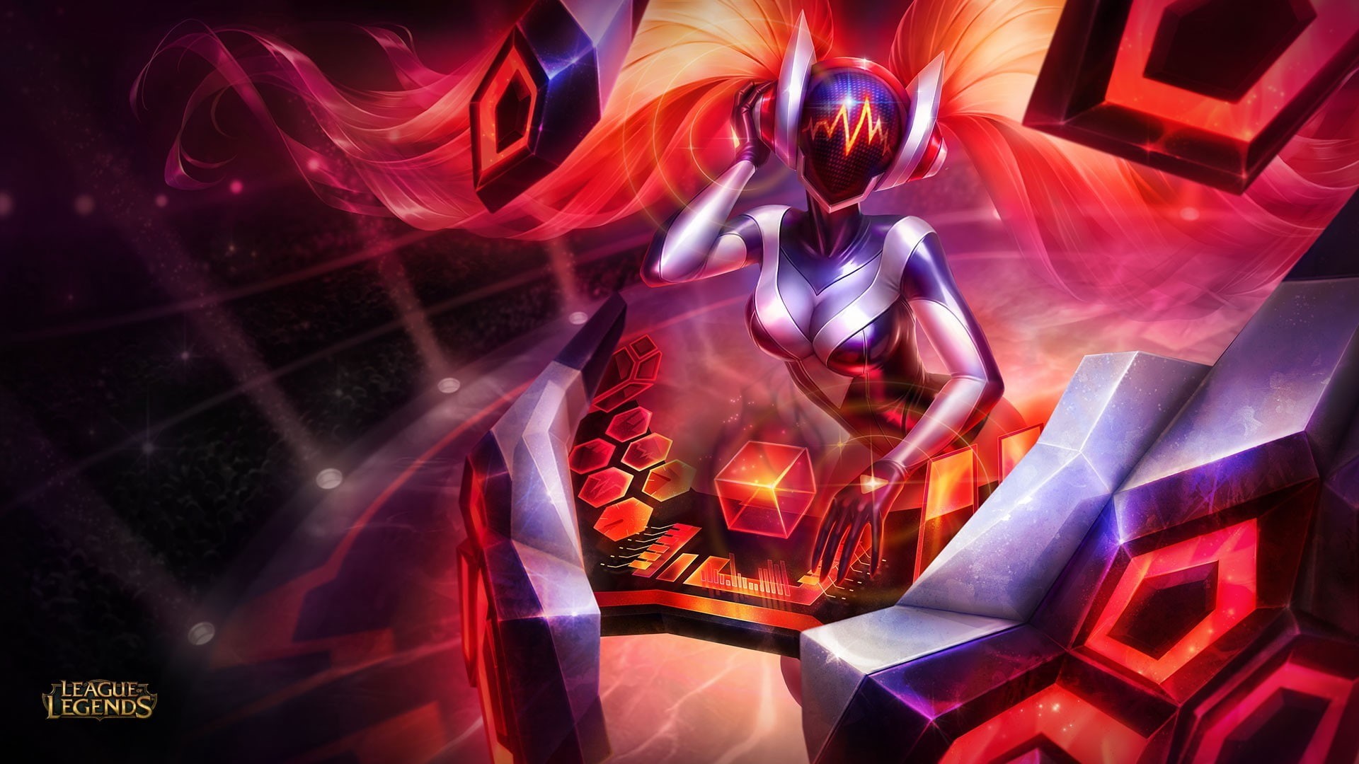 human representation, art and craft, motion, shiny, no people, red, 1080P, light beam, indoors, futuristic, nature, multi colored, league of legends sona dj sona, HD Wallpaper