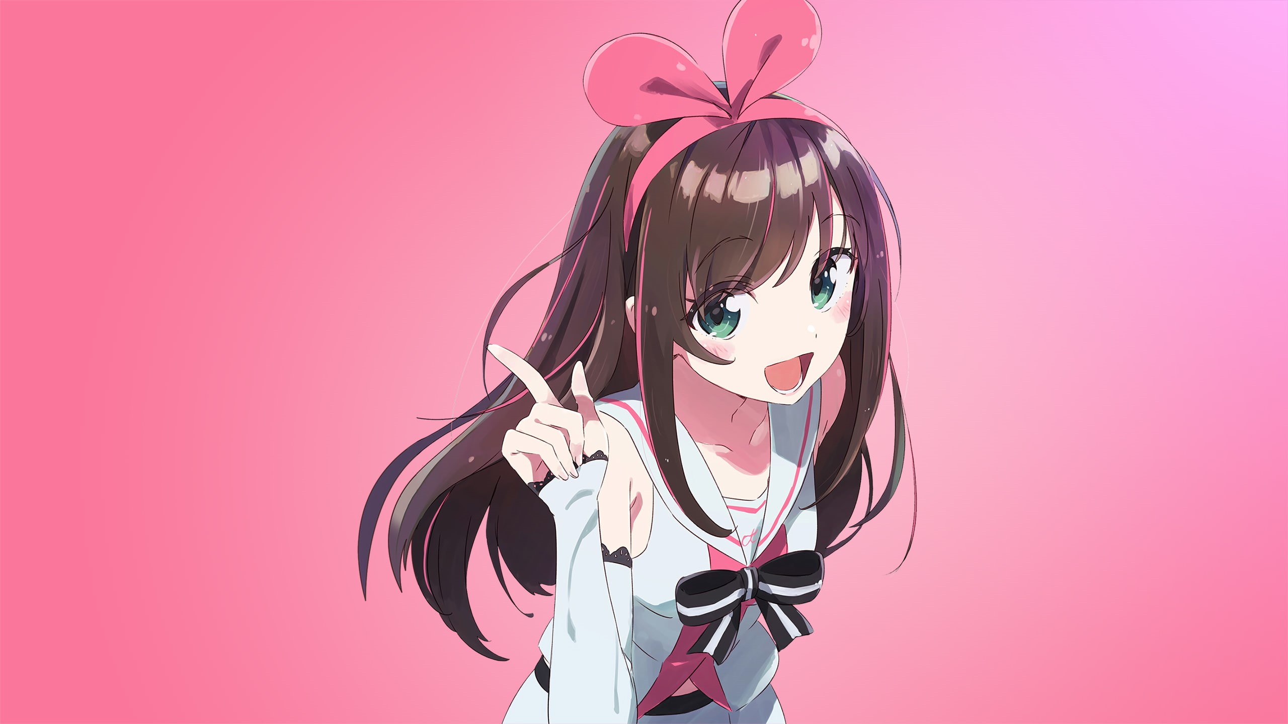 pink, Kizuna Ai, YouTube, fan art, Saber, green eyes, brunette, dark hair, anime, pink background, anime girls, white skin, 2K, HD Wallpaper