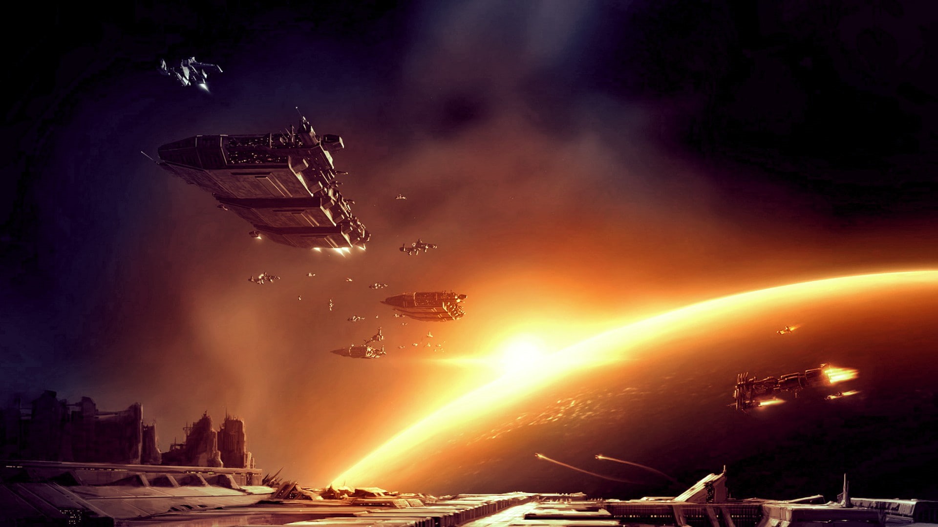 built structure, outdoors, futuristic, air vehicle, flying, destruction, illuminated, 1080P, video games, city, sky, cloud - sky, building exterior, spaceship, HD Wallpaper