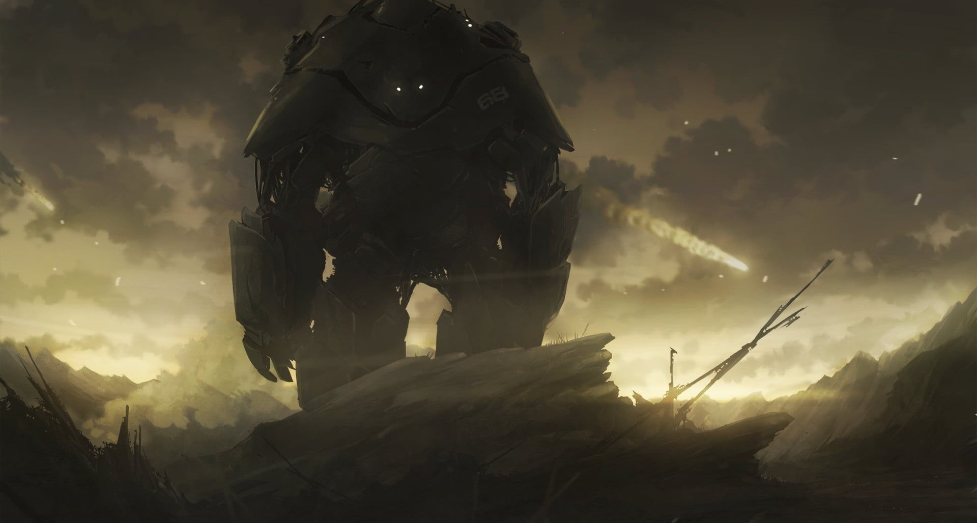 mountain, cloud - sky, outdoors, robot, army soldier, weapon, science fiction, nature, gray, low angle view, 1080P, giant, helmet, unrecognizable person, HD Wallpaper