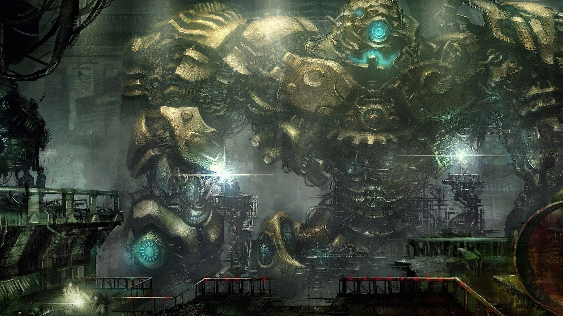 1080P, indoors, illuminated, robot, technology, religion, cyberpunk, nature, mech, building, creativity, human representation, science fiction, digital composite, HD Wallpaper