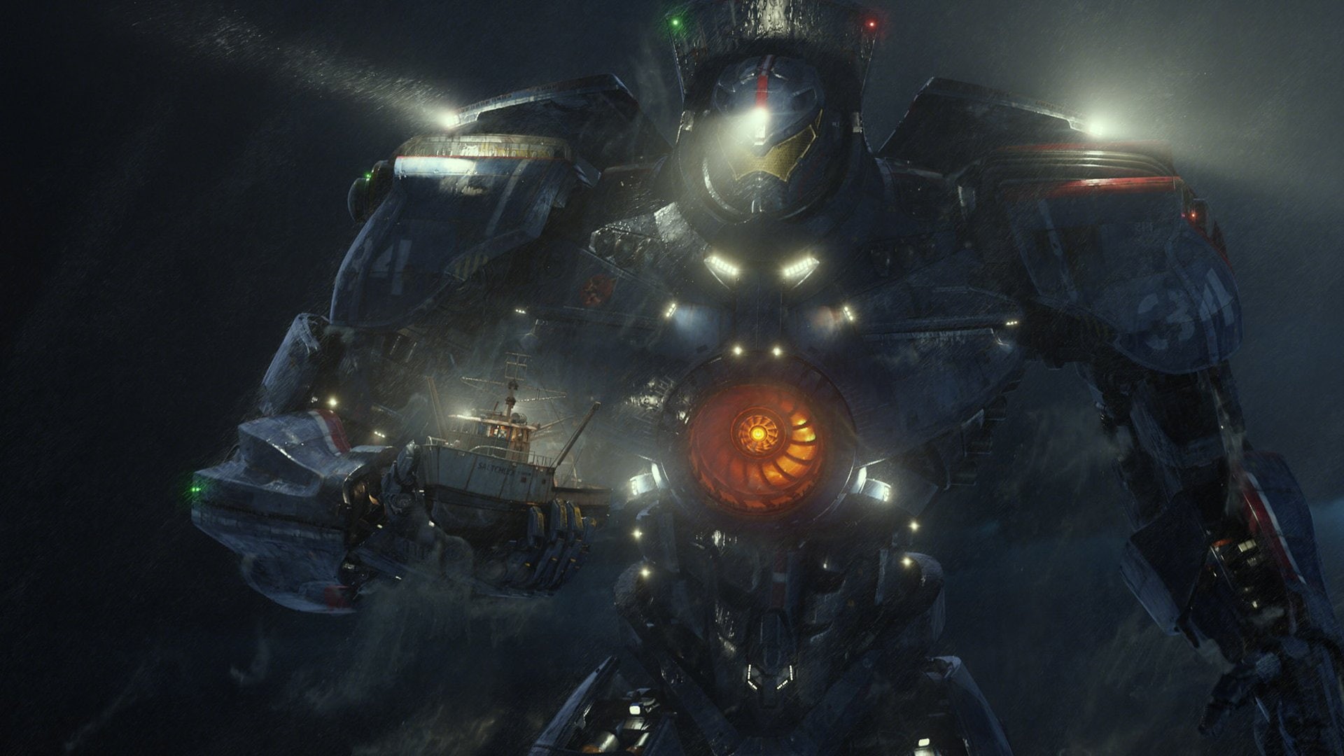 1080P, movies, robot, pacific, giant, hd, rain, rim, lights, boat, HD Wallpaper