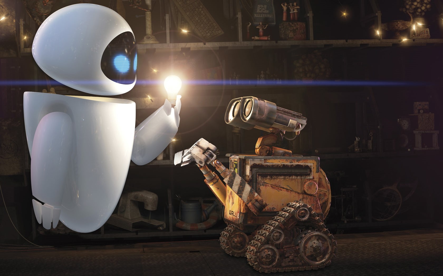 e, movies, robots, wall, light, 720P, hd, HD Wallpaper