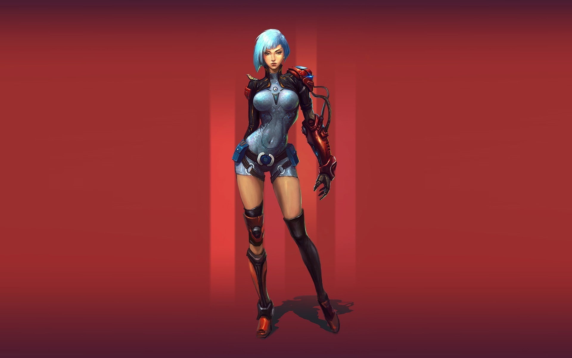 Girl, red, robot, cyborg, 1080P, background, HD Wallpaper