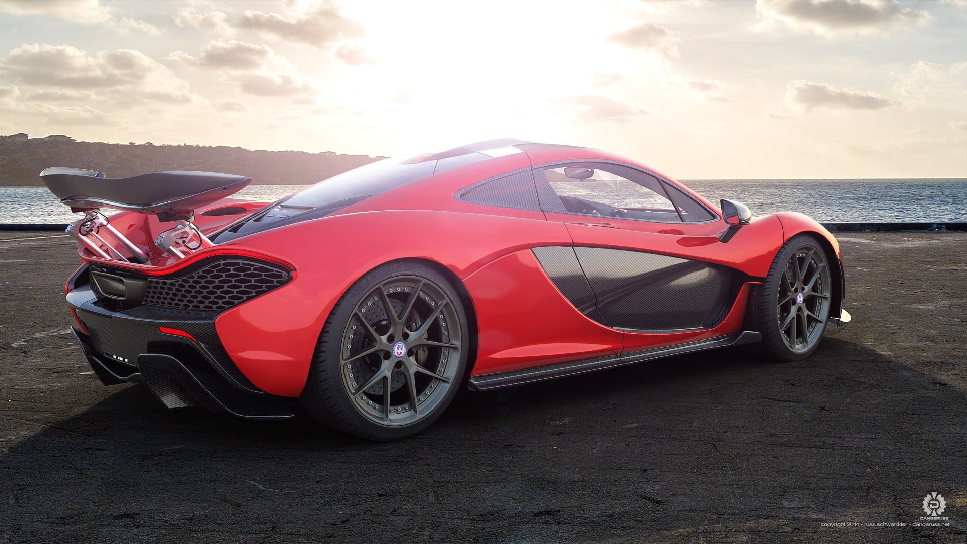 sky, nature, no people, stationary, 1080P, cloud - sky, land vehicle, water, video games, black, coupe, luxury, McLaren P1, transportation, sea, car, retro styled, HD Wallpaper