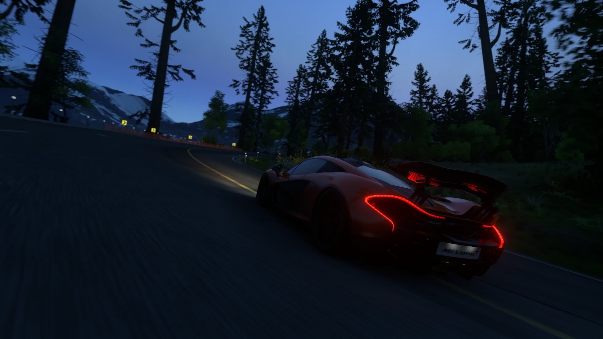 motor vehicle, growth, travel, McLaren, 1080P, street, Driveclub, nature, motion, tree, land vehicle, plant, transportation, red, illuminated, city, no people, HD Wallpaper