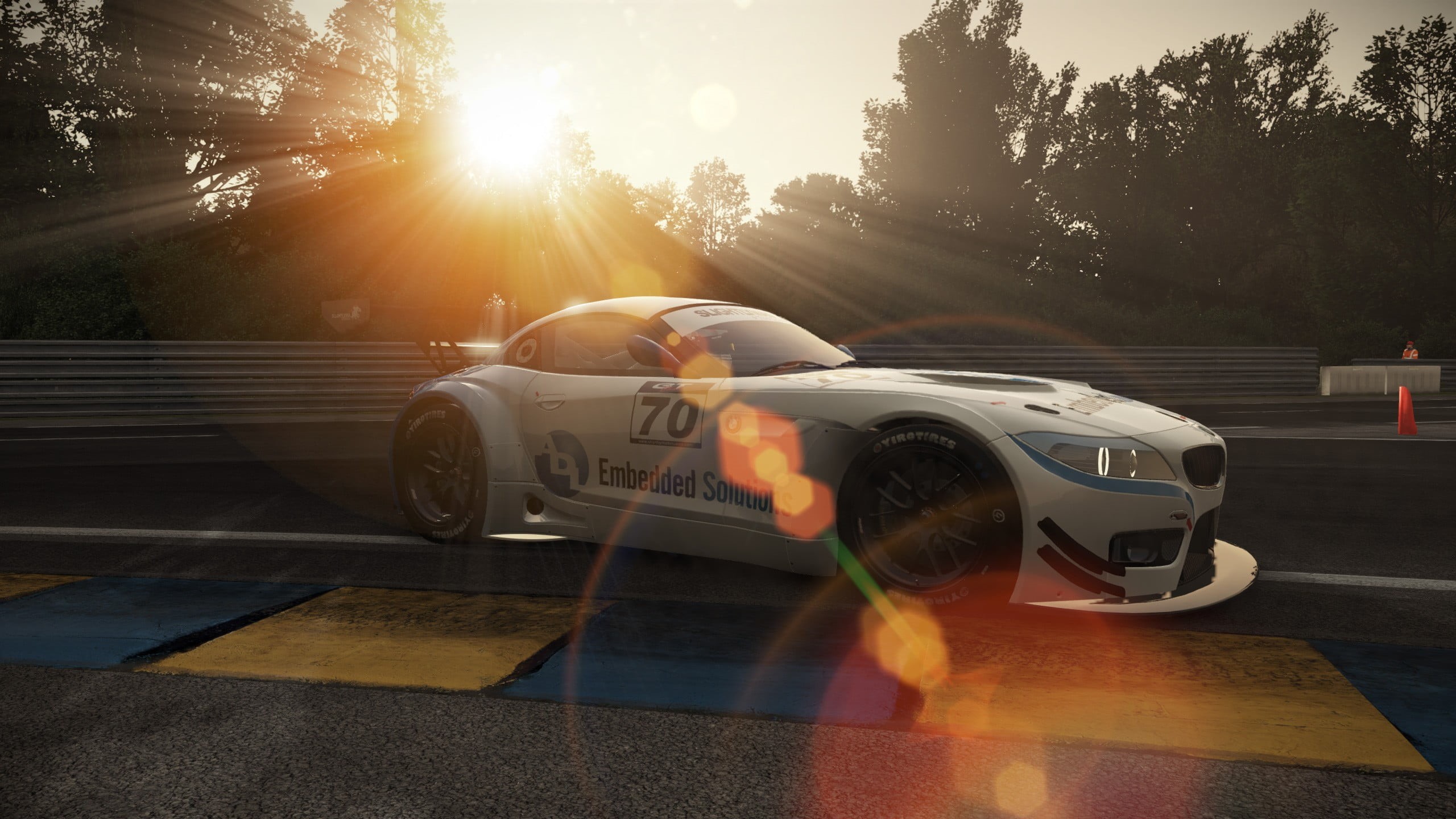 white, coupe, road, nature, competition, transportation, competitive sport, tree, land vehicle, speed, sunbeam, mode of transportation, crash helmet, lens flare, HD Wallpaper