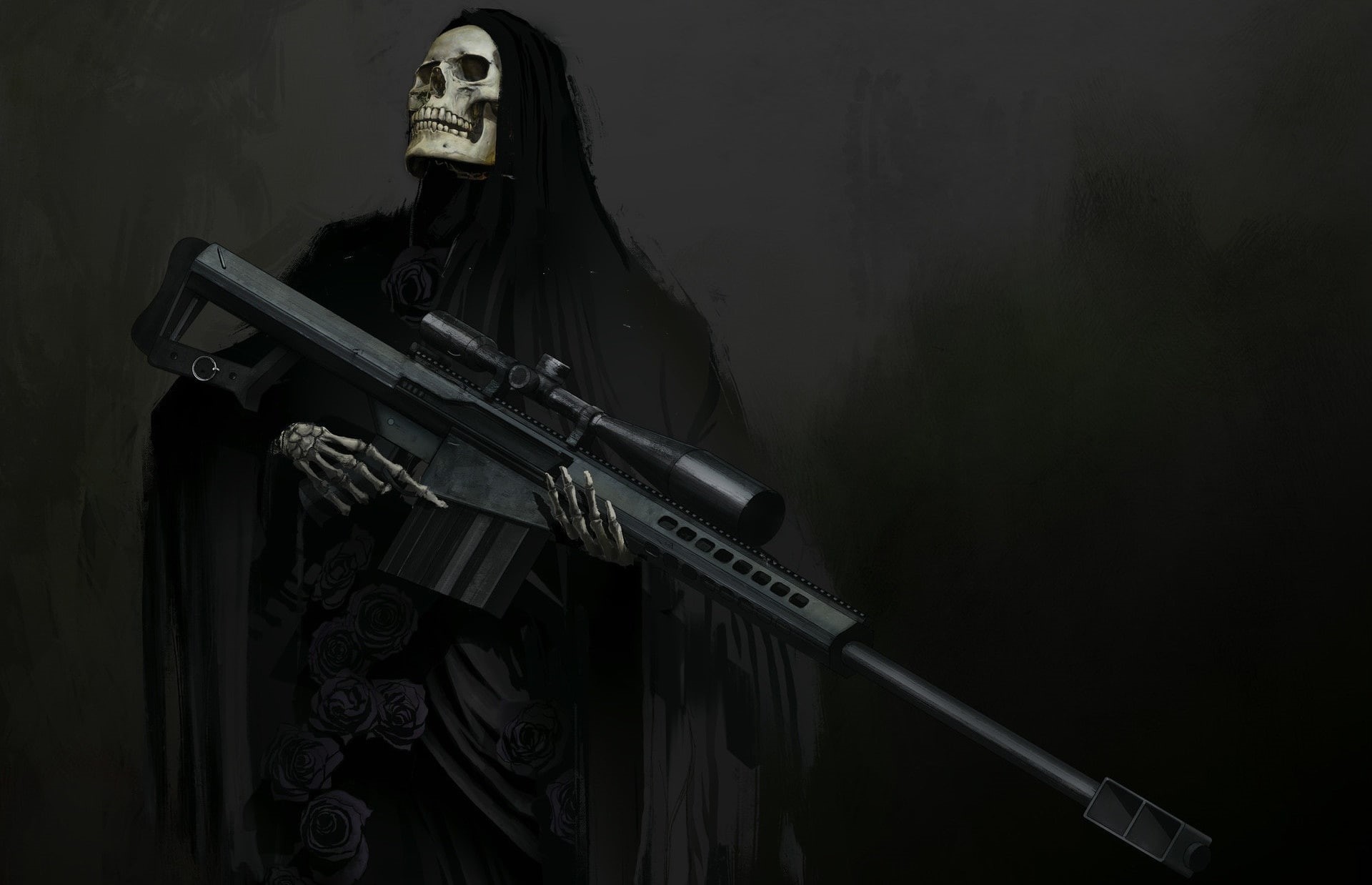 hood, skull, sight, fantasy, weapons, sniper rifle, 1080P, art, skeleton, HD Wallpaper