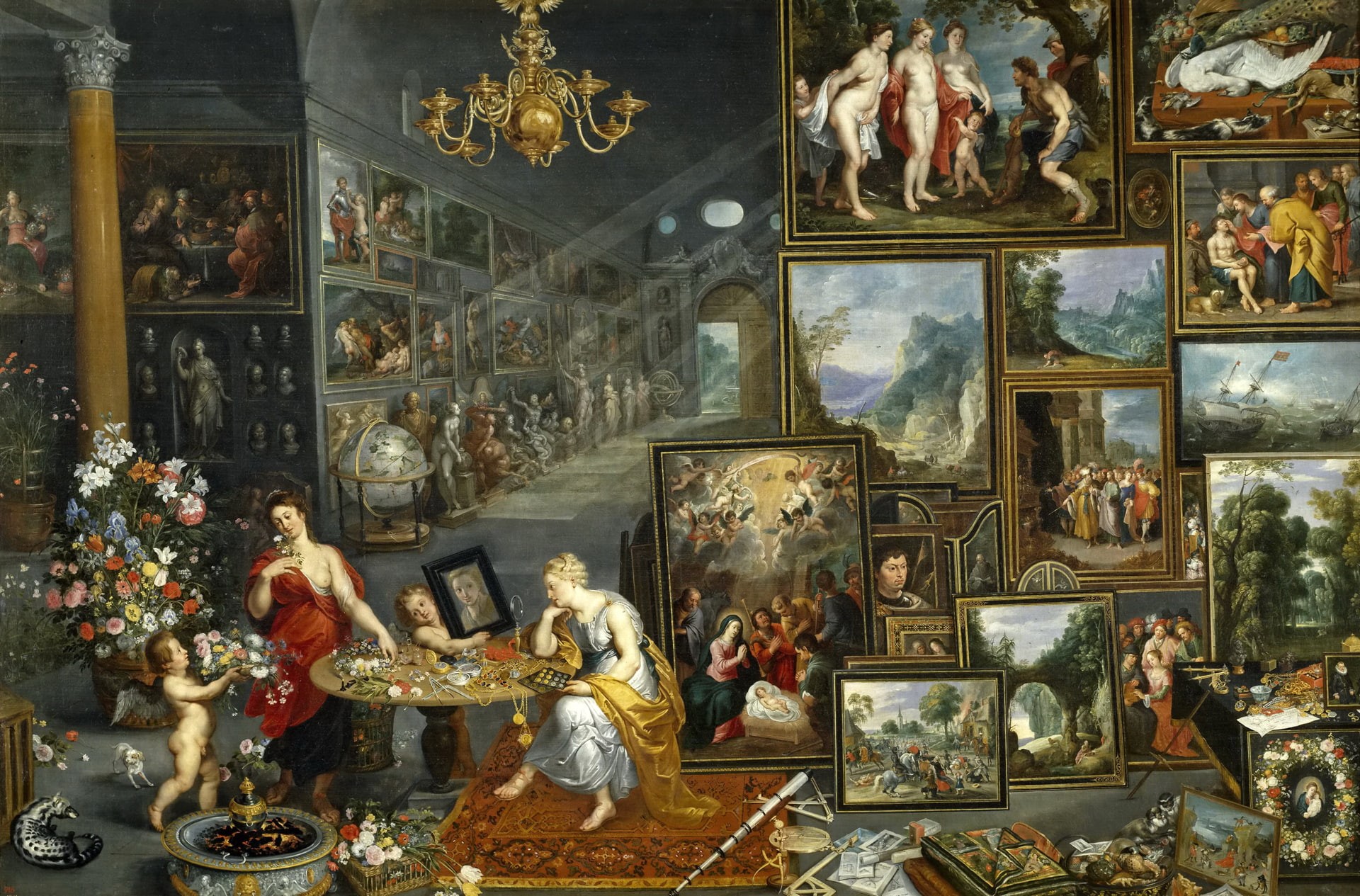genre, picture, 1080P, interior, Jan Brueghel the elder, flowers, The sight and Smell, HD Wallpaper