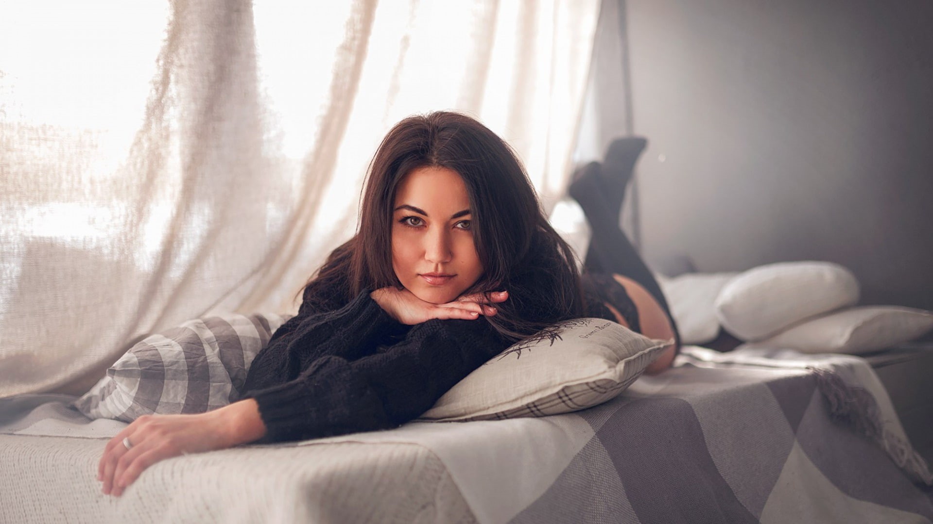 indoors, women, sight, black stockings, bedroom, portrait, 1080P, legs up, pillow, women indoors, HD Wallpaper
